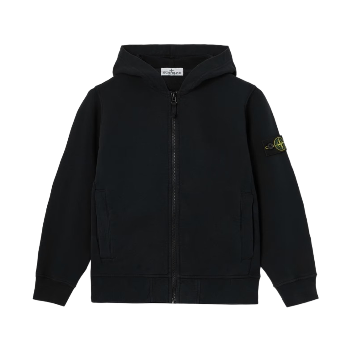 L2S1661000-06S0A20-V0029 (Kids) Stone Island 6100006 Brushed Organic Cotton Fleece Regular Fit Hooded Zip-Up Sweatshirt with Ribbed Bands Black - 26FW