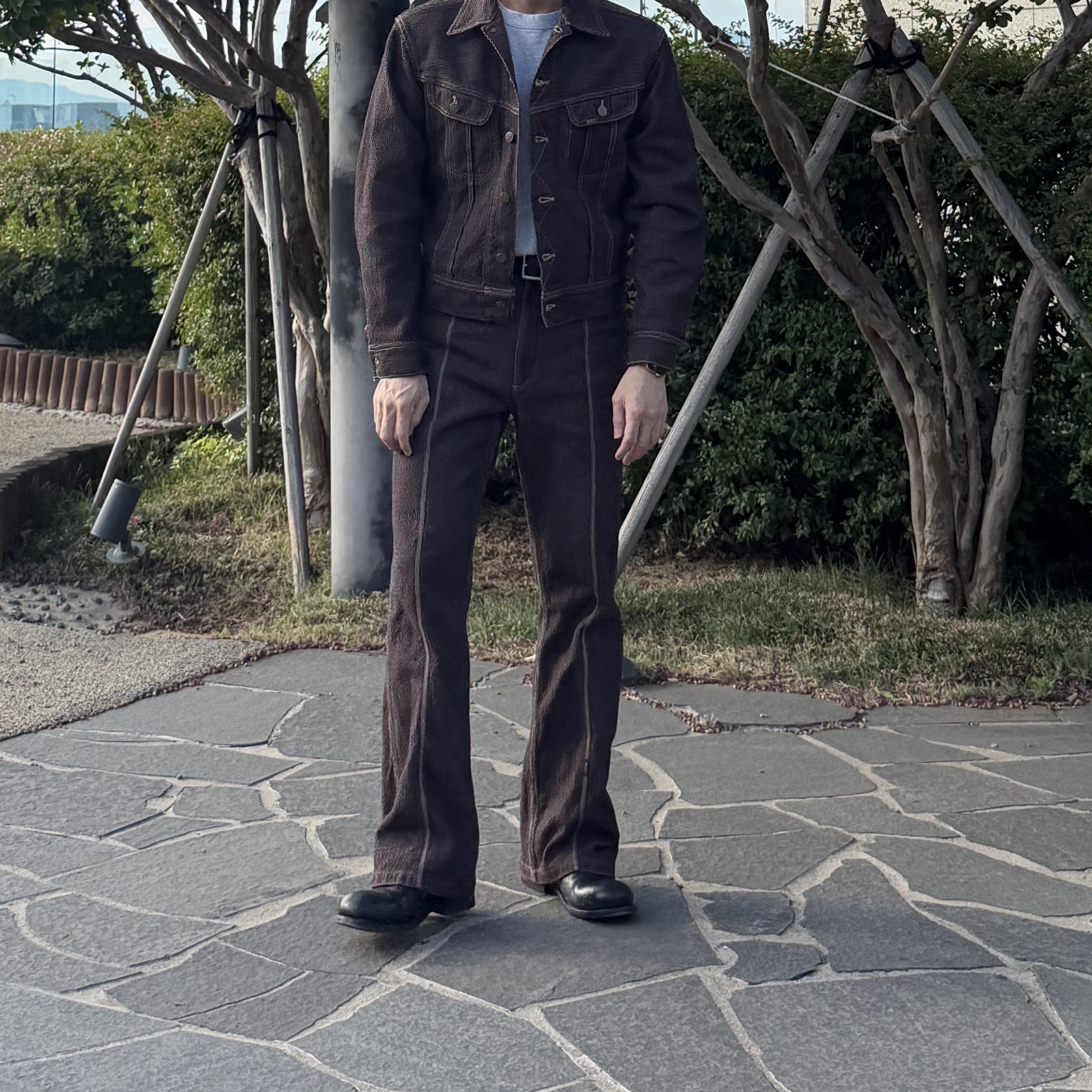 Kapital No.5 Century Denim Westerner Jacket Brown, Kapital Century Denim 5P Frisco Pants Muddy Brown 착용 스타일 - 2