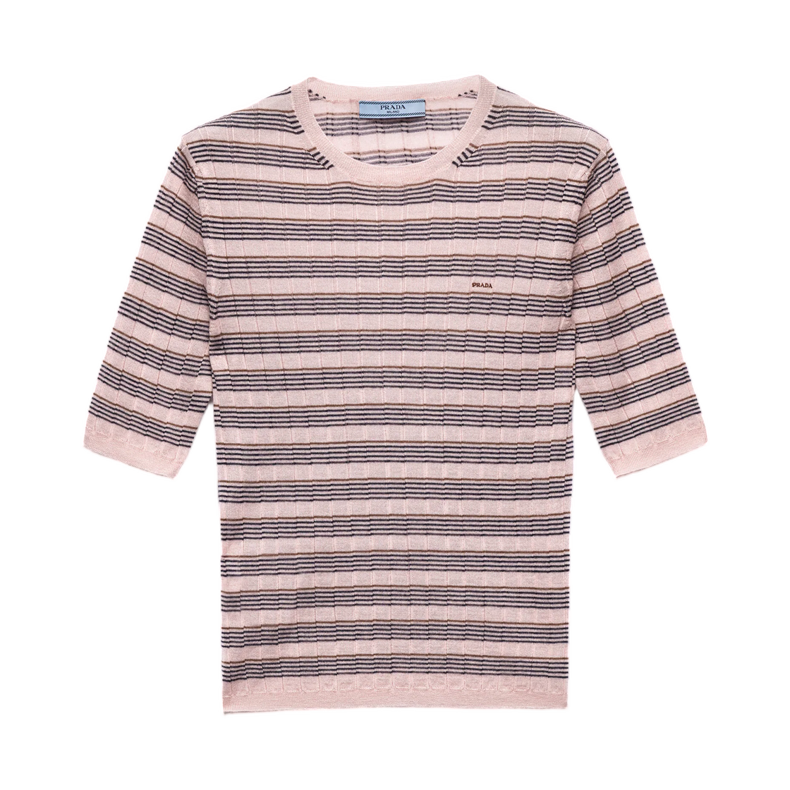 (W) 프라다 숏슬리브 스트라이프 캐시미어 앤 실크 스웨터 핑크 블루((W) Prada Short-Sleeved Striped Cashmere and Silk Sweater Pink Blue) - 1