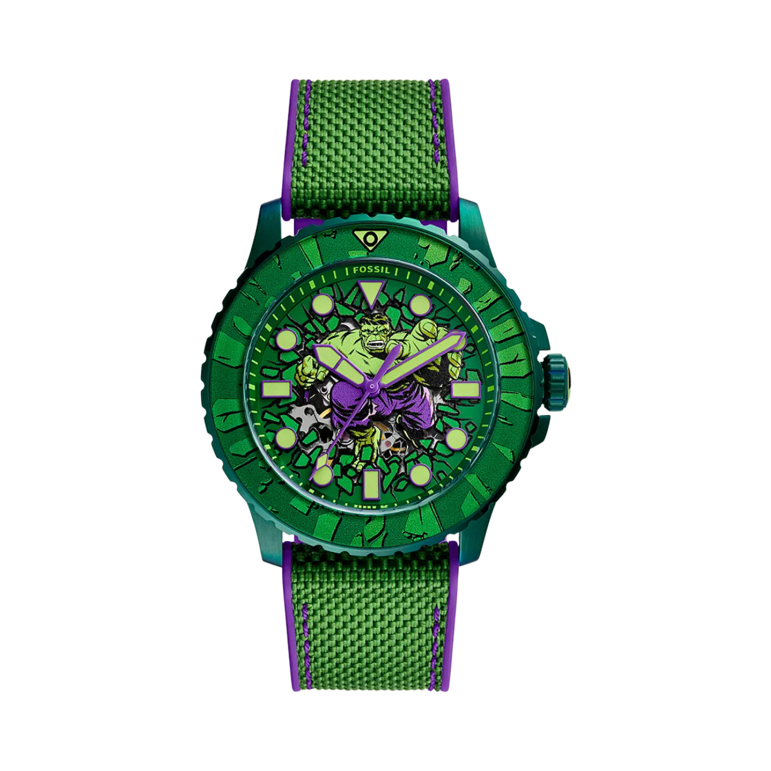 LE1246SET Fossil x Marvel Incredible Hulk Limited Edition Automatic Three-Hand 45mm Nylon Silicone Green Purple