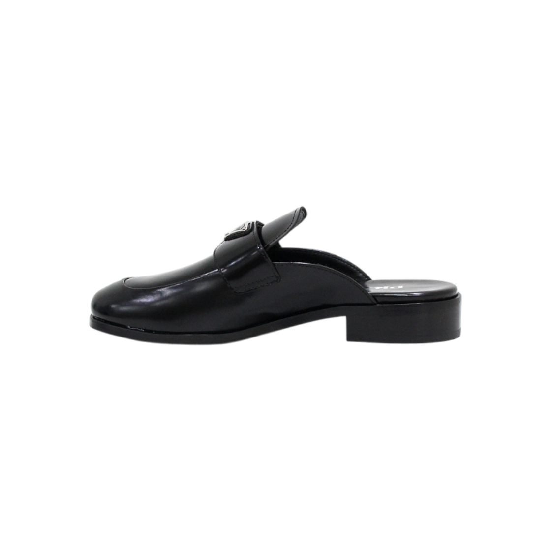 ITC2624E9RDB Prada Black Brushed Silver Triangle Logo Women Mule Slippers