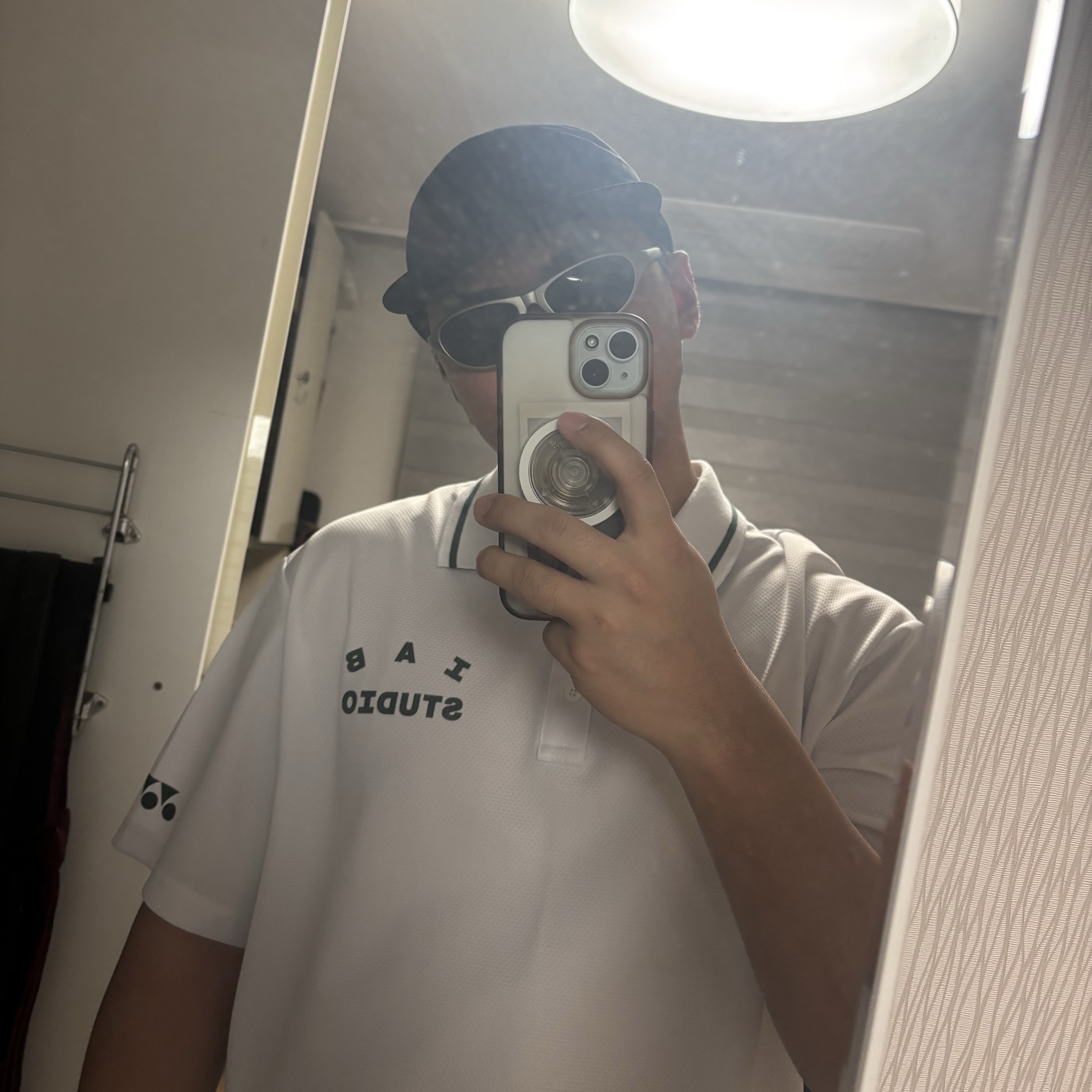 IAB Studio x Yonex Game Shirt White, Montbell Trekking Glasses Silver Metallic Light Grey 착용 스타일