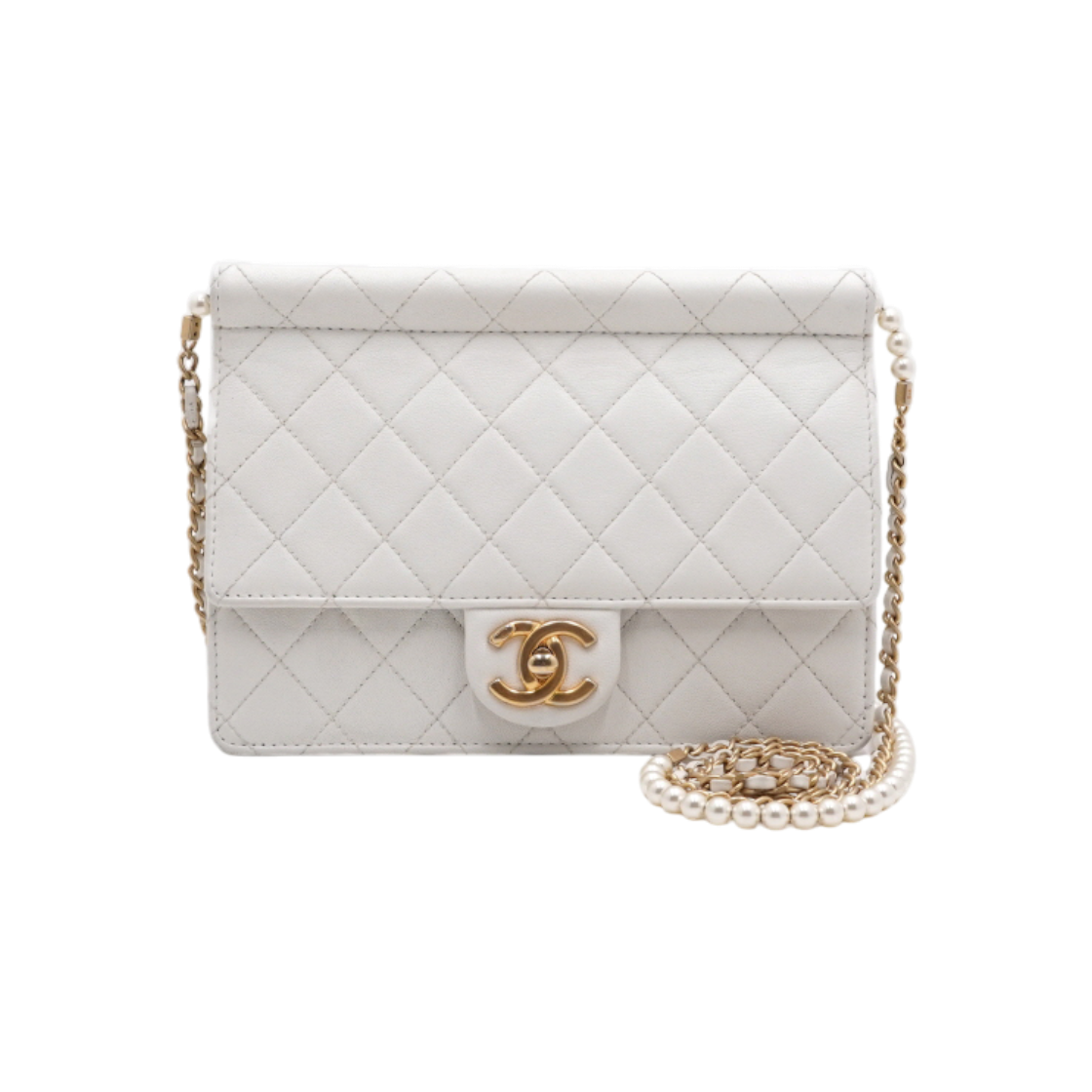 ITS83KP7CLUT Chanel AS0582 White Leather Gold CC Logo Flap Pearl Strap Shoulder Bag