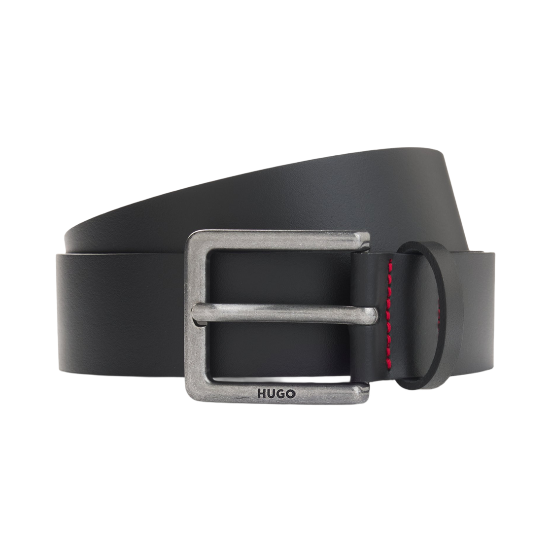 50568452-001 Hugo Boss Smooth Leather Belt with Engraved Antique Silver Buckle Black