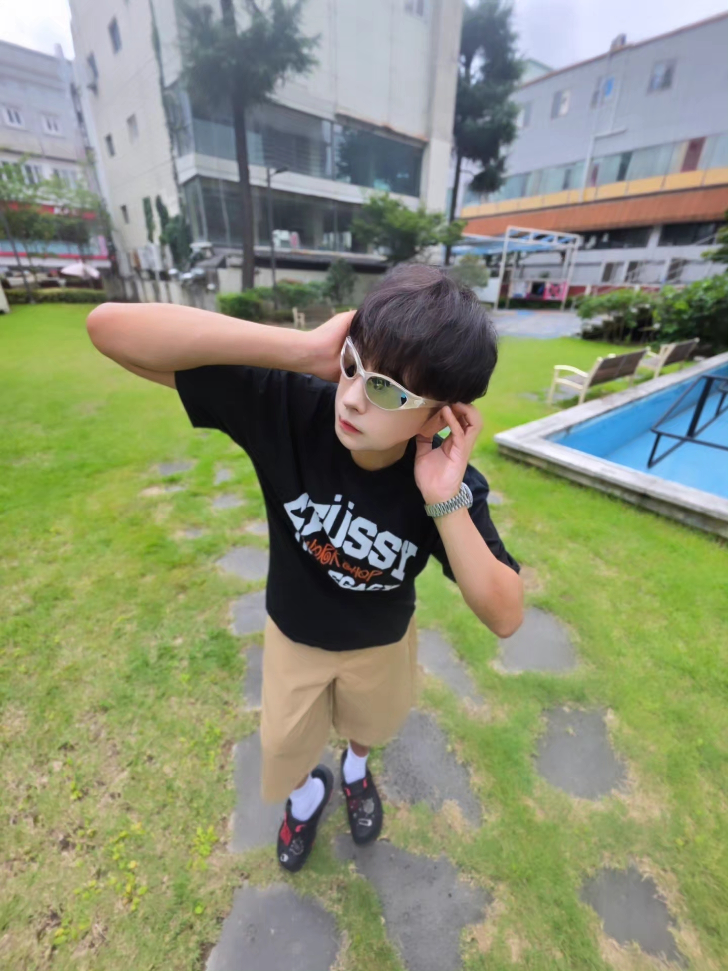 Stussy x Our Legacy Work Shop Pigment Dyed Collegiate T-Shirt Black, Crocs x Staple Classic All Terrain Clog Black 착용 스타일 - 2