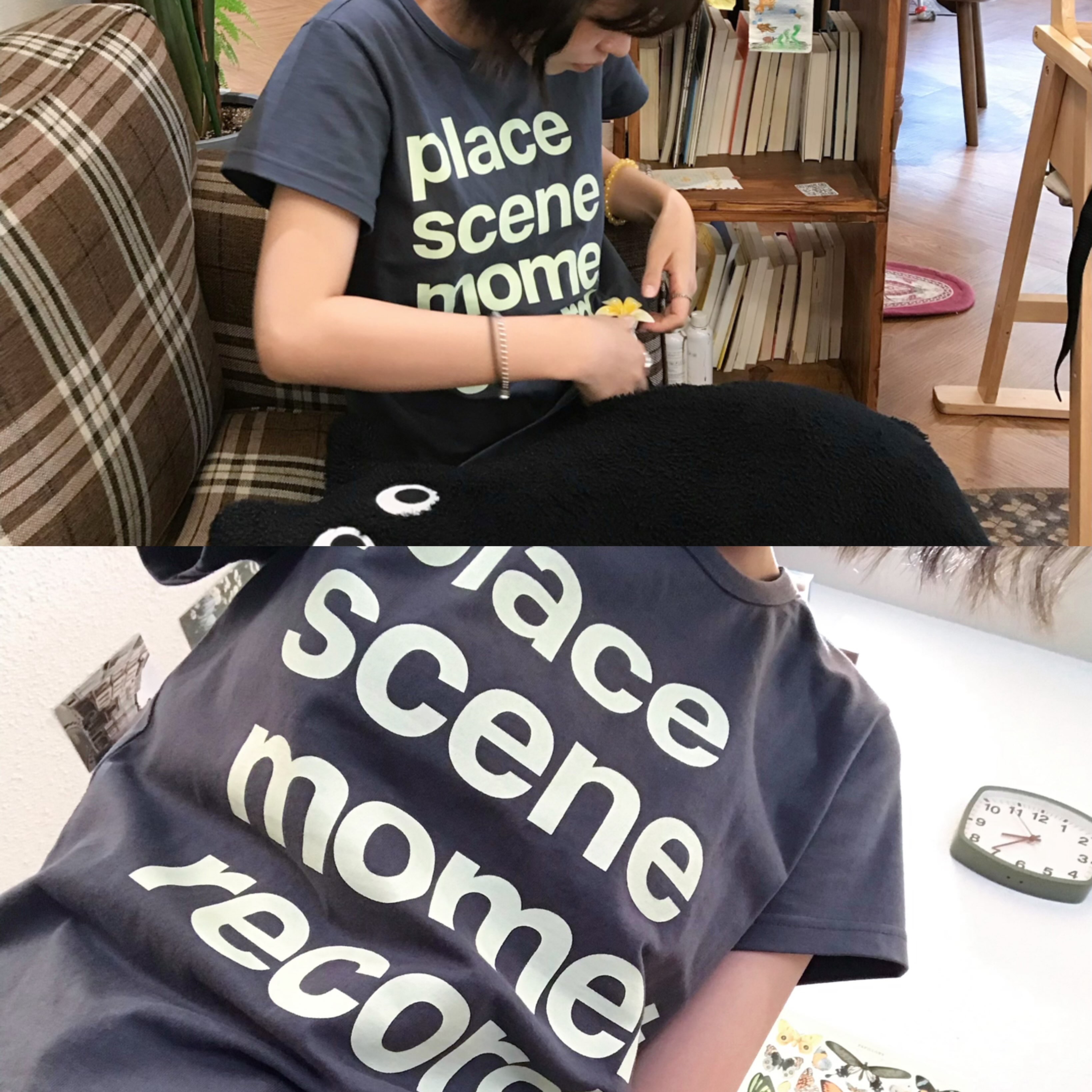 SLOW RECORD HOUSE Archive Typo T-Shirt Charcoal 착용 스타일 - 3