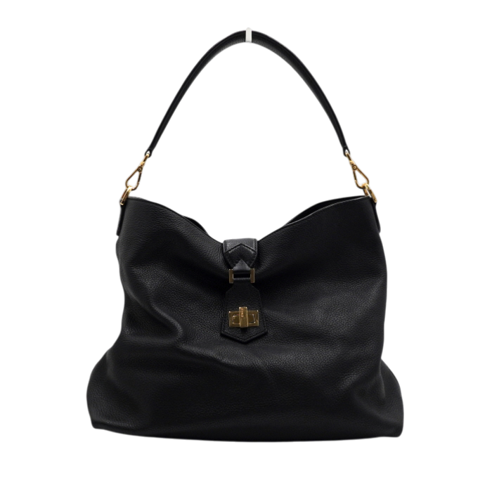 ITLG4G9PFKE7 Fendi Black Leather Gold Logo Hobo Shoulder Bag 8BR682