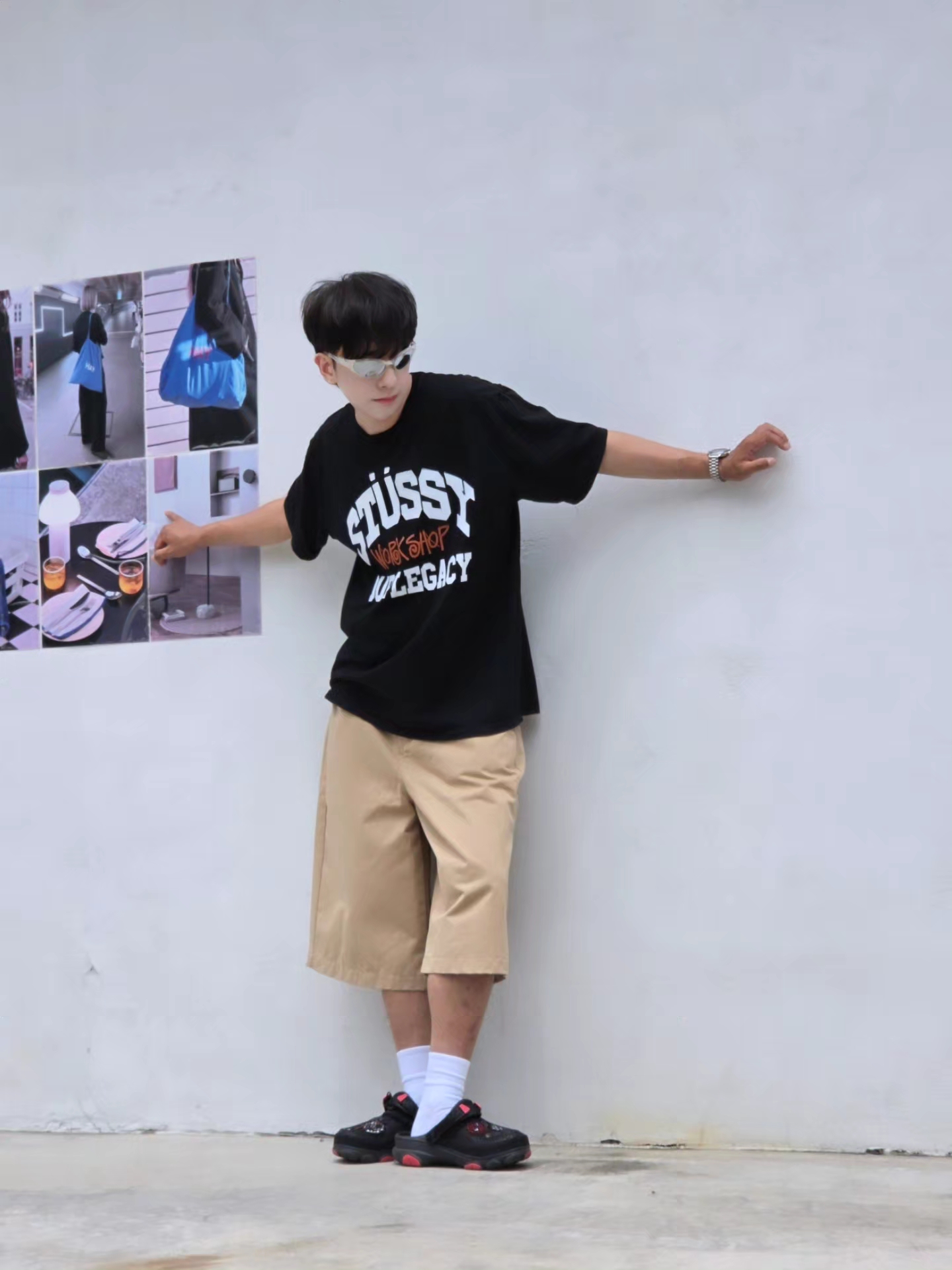 Stussy x Our Legacy Work Shop Pigment Dyed Collegiate T-Shirt Black, Crocs x Staple Classic All Terrain Clog Black 착용 스타일 - 5