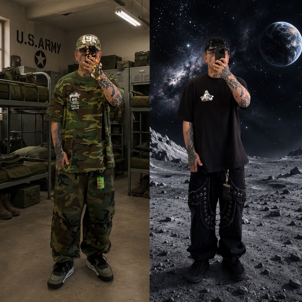 Jordan 4 x Undefeated Retro OG SP Deep Green and Clementine, Supreme Jacquard Logos Double Knee Denim Painter Jean Woodland Camo - 25FW 착용 스타일 - 2