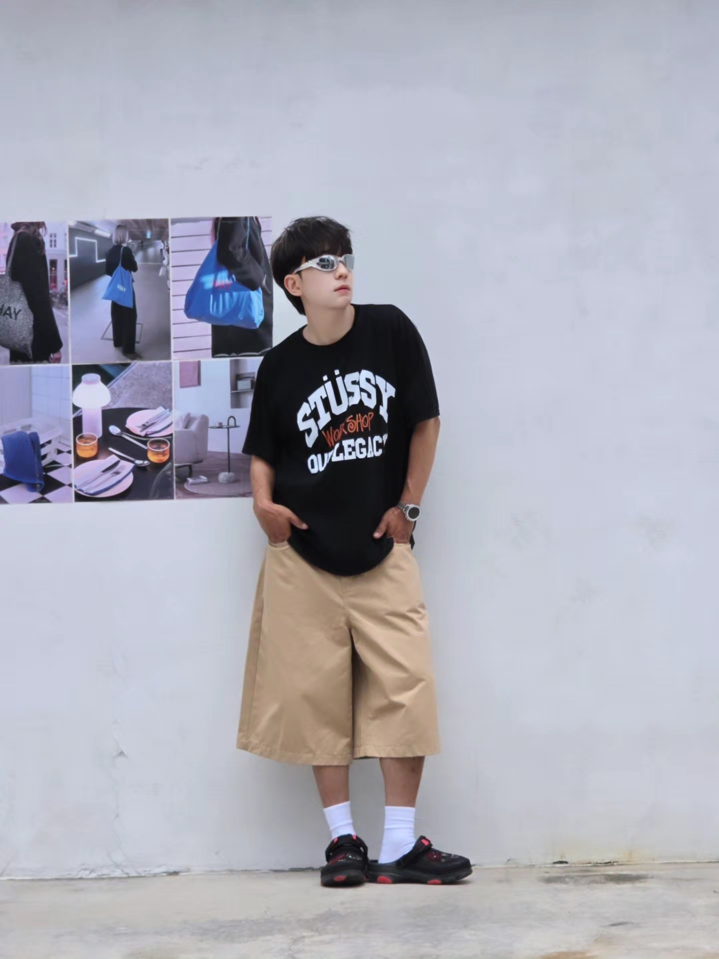 Stussy x Our Legacy Work Shop Pigment Dyed Collegiate T-Shirt Black, Crocs x Staple Classic All Terrain Clog Black 착용 스타일 - 2