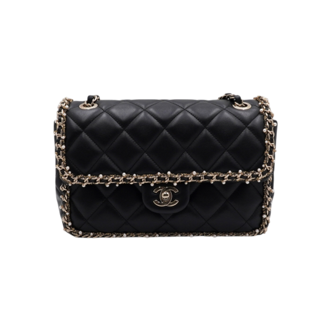 ITM6HN8D24RW Chanel AS2574 Black Lambskin Flap Pearl Chain Shoulder Bag