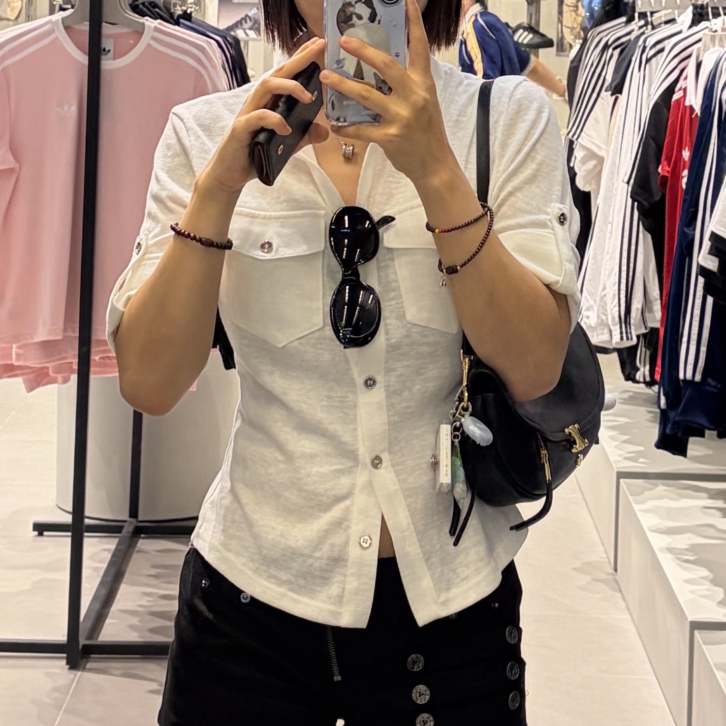 (W) Celine Triomphe 01 Sunglasses in Acetate Black Black, Celine Little Halfmoon Soft Triomphe in Supple Shiny Lambskin Black 착용 스타일