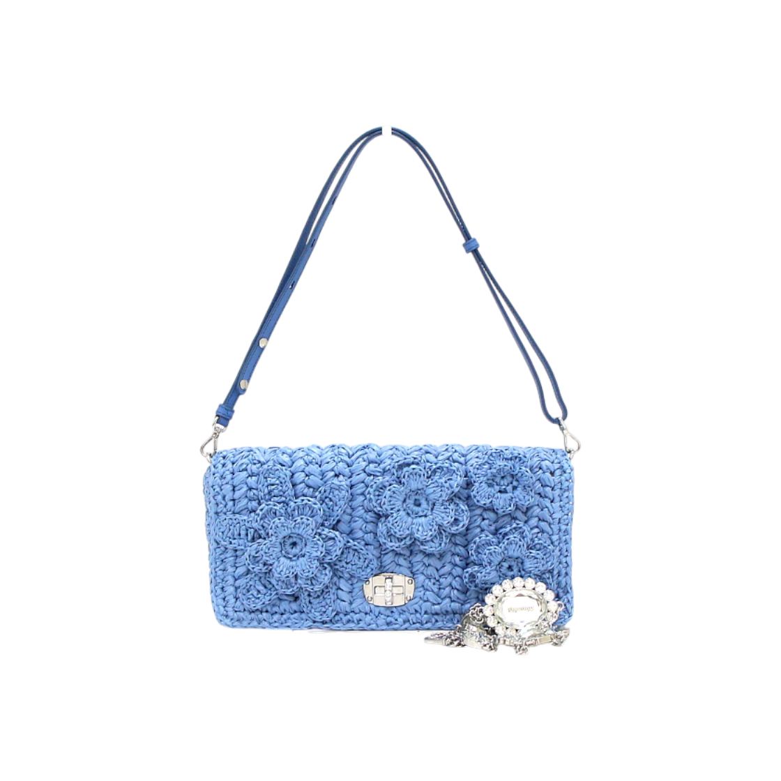 ITL9D8FW7BM8 Miu Miu Blue Raffia Flower Crystal Shoulder Bag