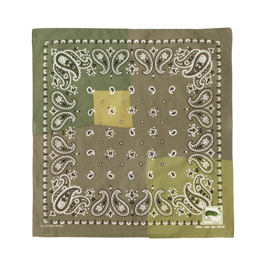 EK-1671 Kapital Fastcolor Selvedge Bandana Paisley Patchwork Khaki x Dark Green