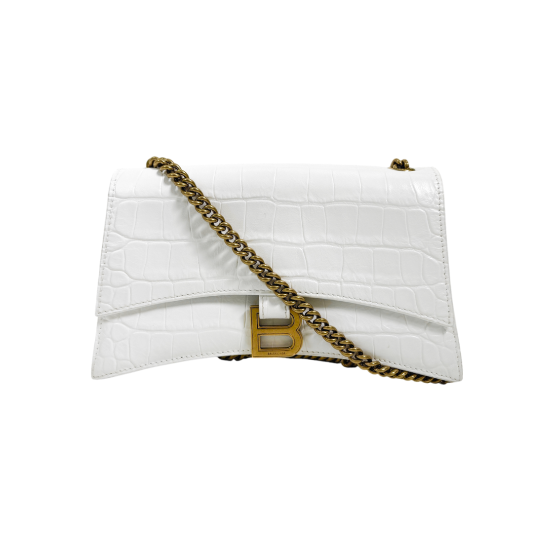 ITP29FHLET7Q Balenciaga Crocodile Embossed Leather Crush Chain Shoulder Bag White