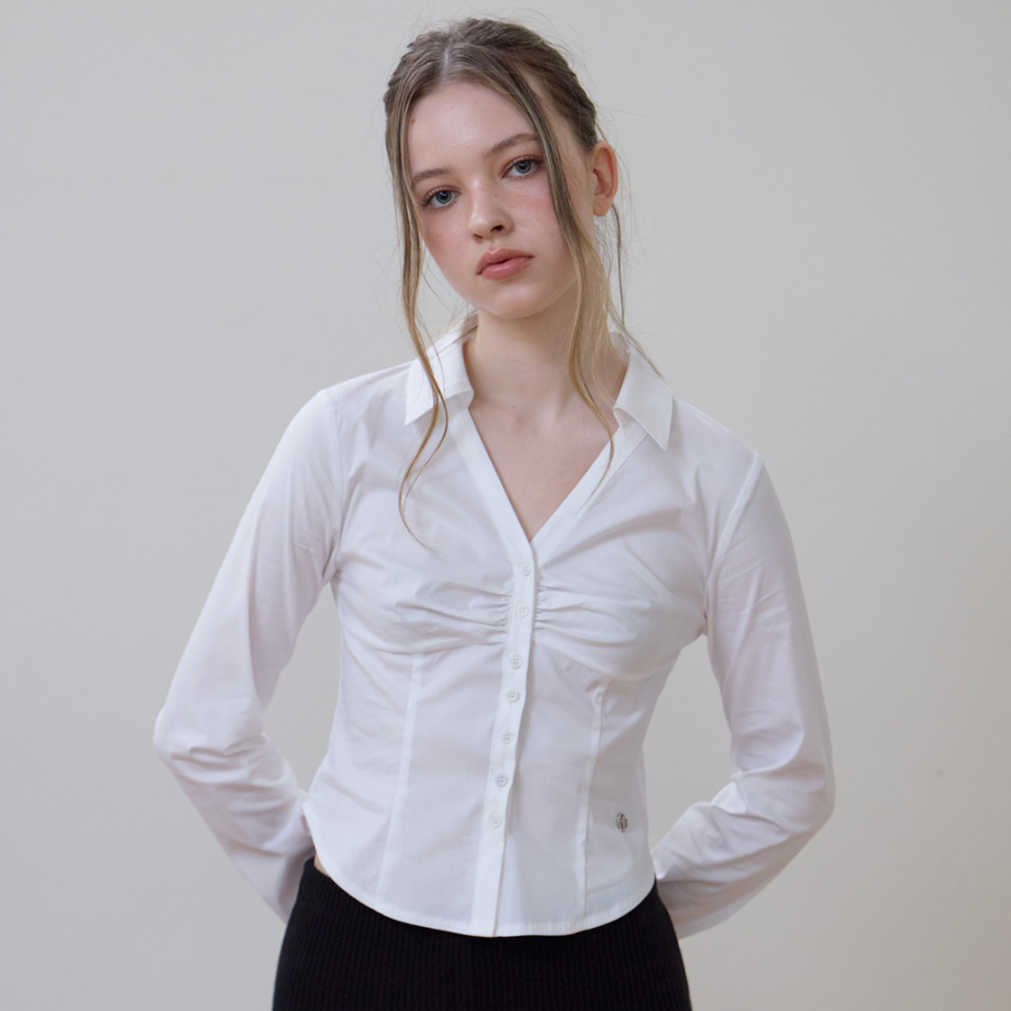 로제프란츠 셔링 프론트 슬림 셔츠 [아이보리](Rosefrantz Ruched Front Slim Shirt [Ivory]) - 5