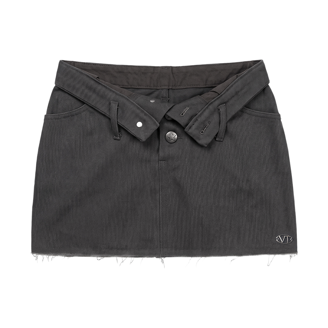 분트 폴드 웨이스트 브이 라인 미니 스커트 차콜(VOONT Fold Waist V-Line Mini Skirt (CHARCOAL))