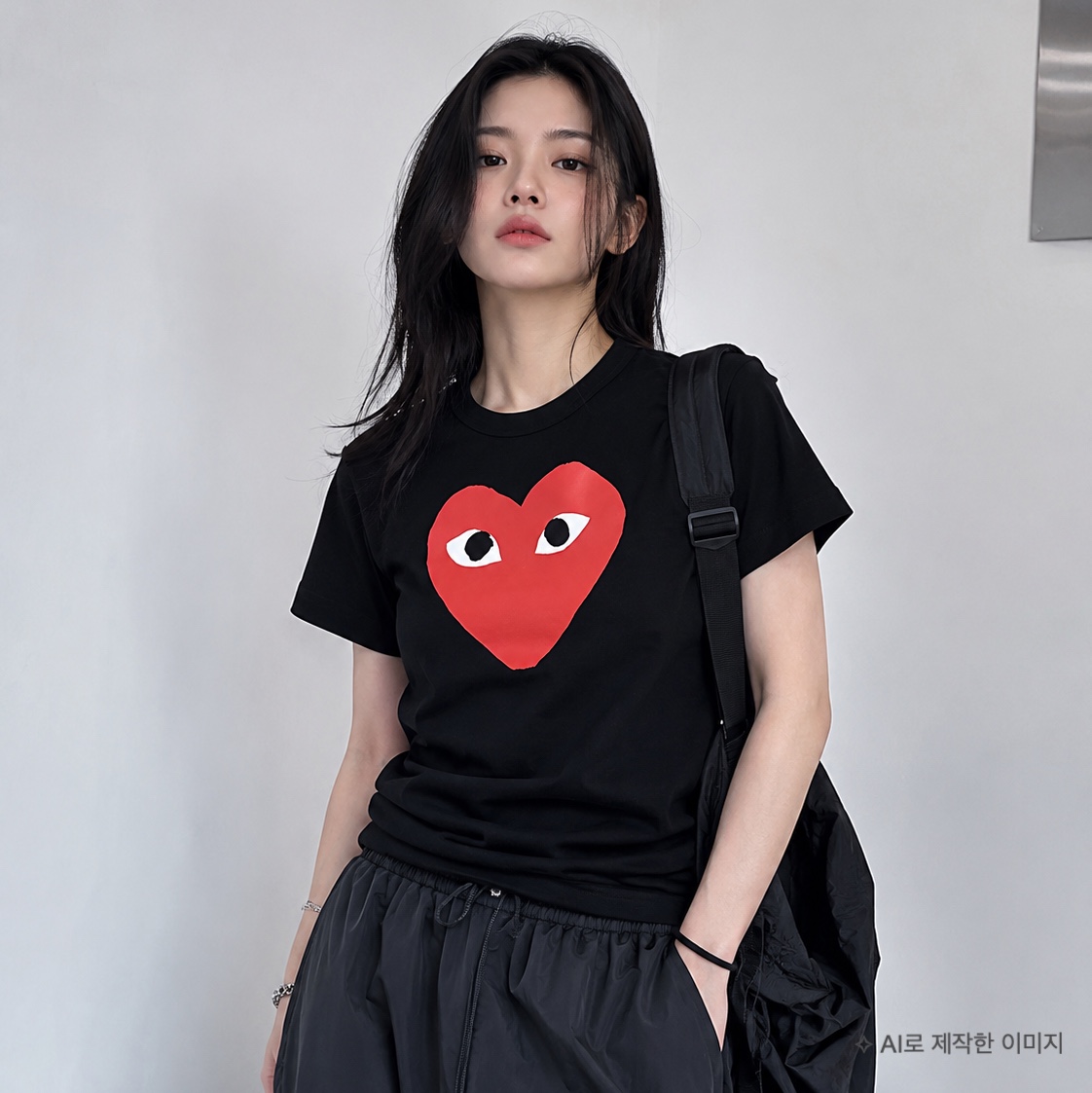 [25% 쿠폰] (W) 플레이 꼼데가르송 레드 하트 티셔츠 블랙, 플레이 꼼데가르송 레드 하트 티셔츠 블랙 착용 스타일