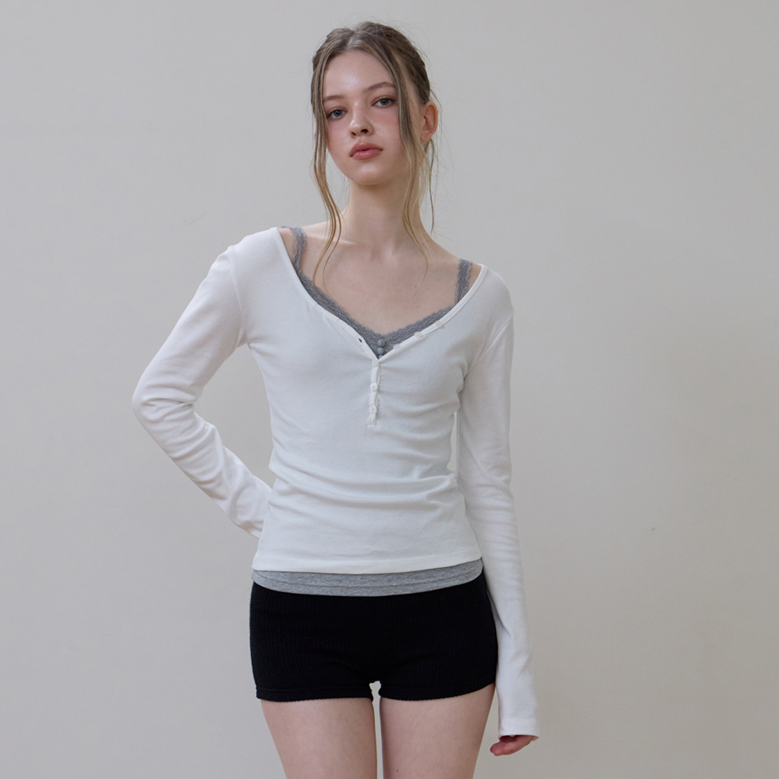 로제프란츠 베이직 브이넥 롱스리브 [아이보리](Rosefrantz Basic V-neck Long Sleeve [Ivory]) - 4