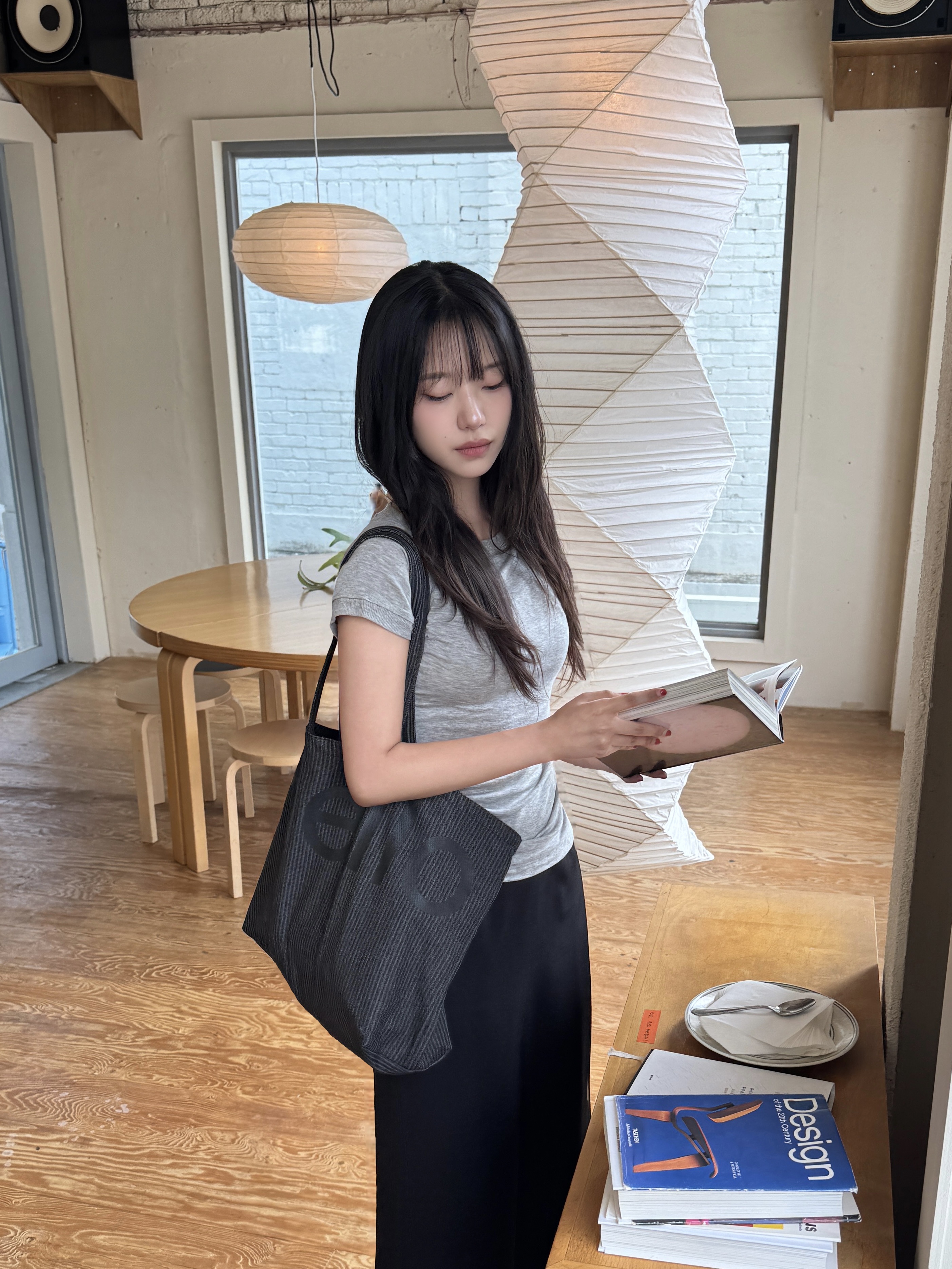 Hellodude Big Tote Bag Heavy Stripe Denim 착용 스타일 - 2