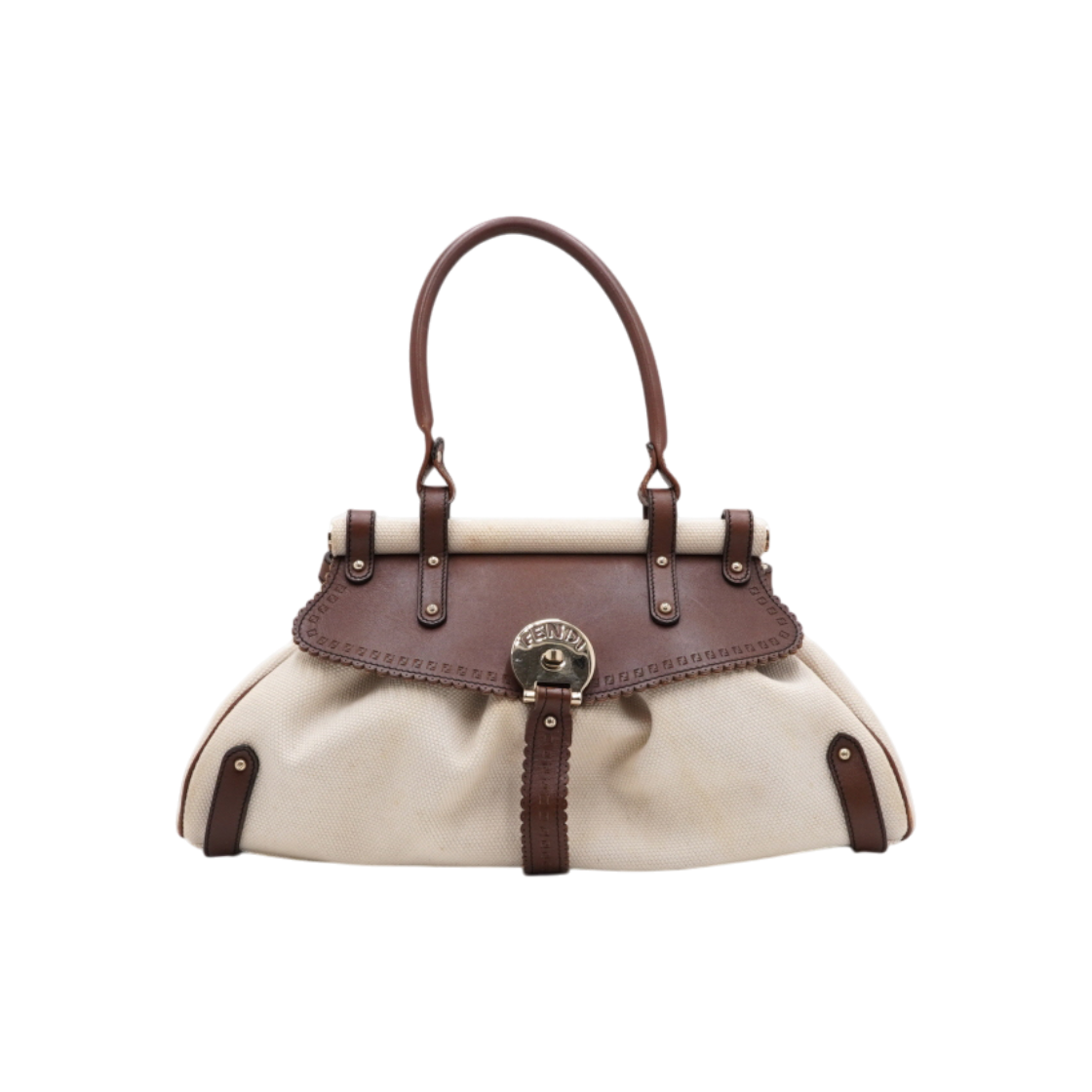 IT3CTN56WPJT Fendi Brown Leather Cream Canvas FF Magic Tote Bag