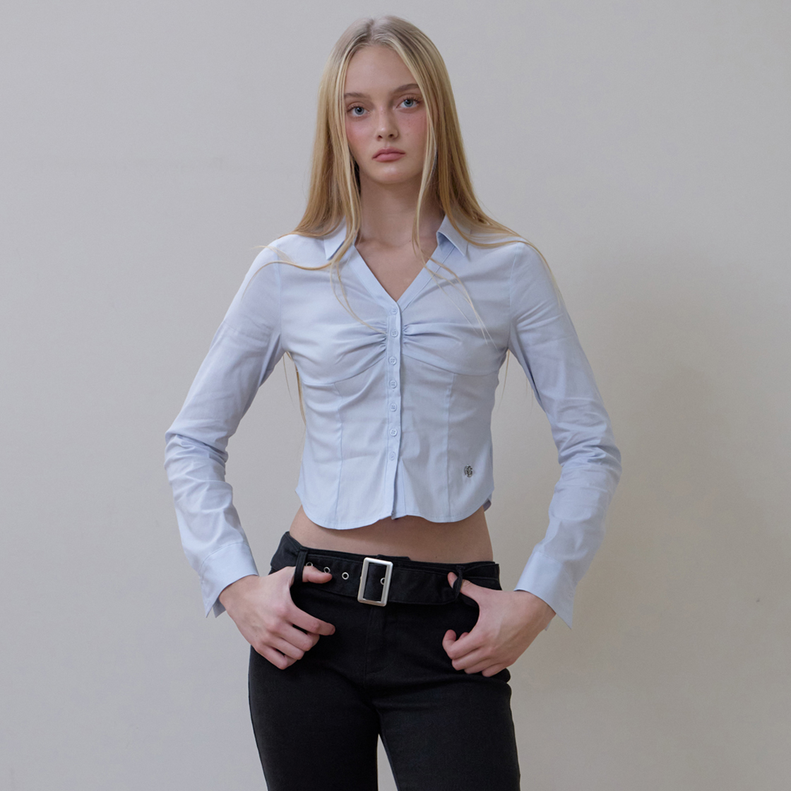 로제프란츠 셔링 프론트 슬림 셔츠 [스카이 블루](Rosefrantz Ruched Front Slim Shirt [Sky Blue]) - 2