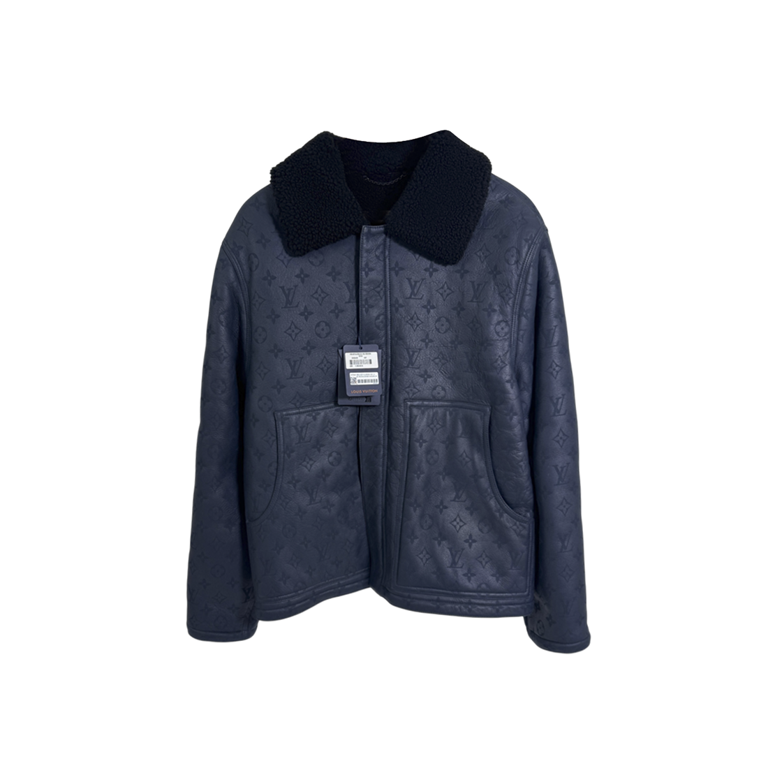 ITFQULFKPOB8 Louis Vuitton Men Monogram Embossed Shearling Leather Mustang Jacket Navy
