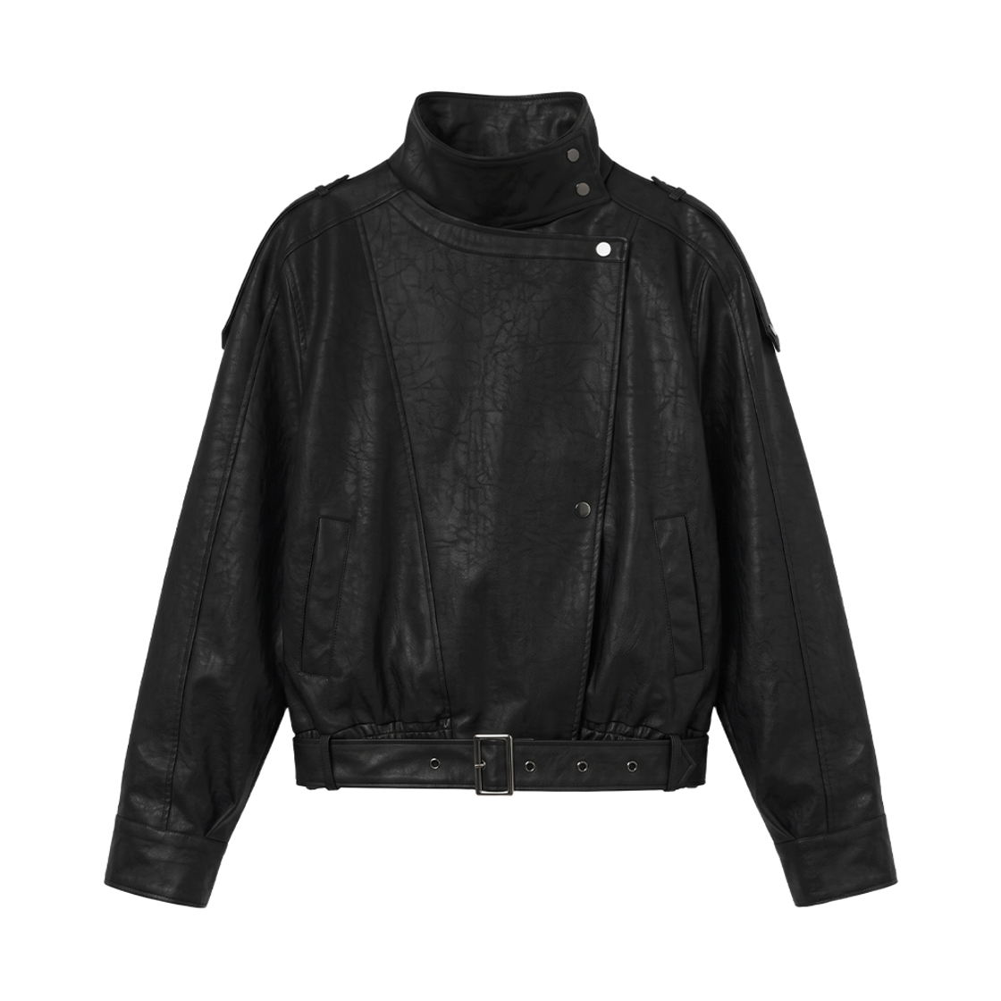 분트 벨트 하이넥 레더 자켓 블랙(VOONT Belt High-Neck Leather Jacket (BLACK))