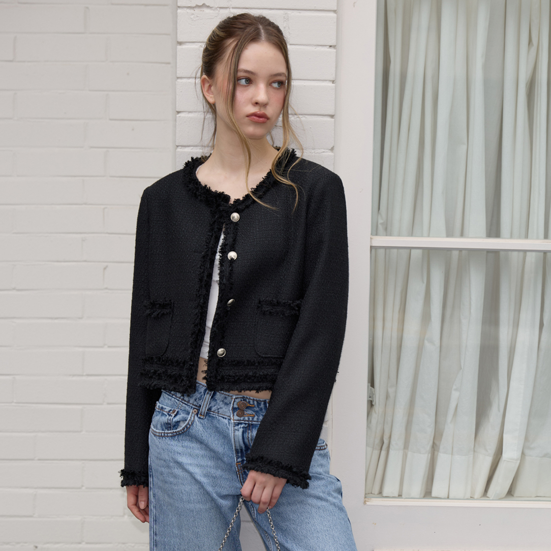 로제프란츠 소프트 프린지 트위드 자켓 [블랙](Rosefrantz Soft Fringe Tweed Jacket [Black]) - 4