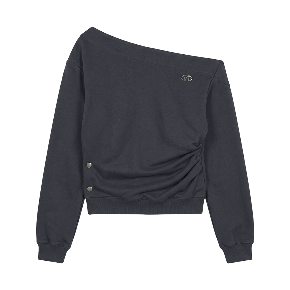 분트 원숄더 스냅 스웨트셔츠 차콜(VOONT One-Shoulder Snap Sweatshirt (CHARCOAL))