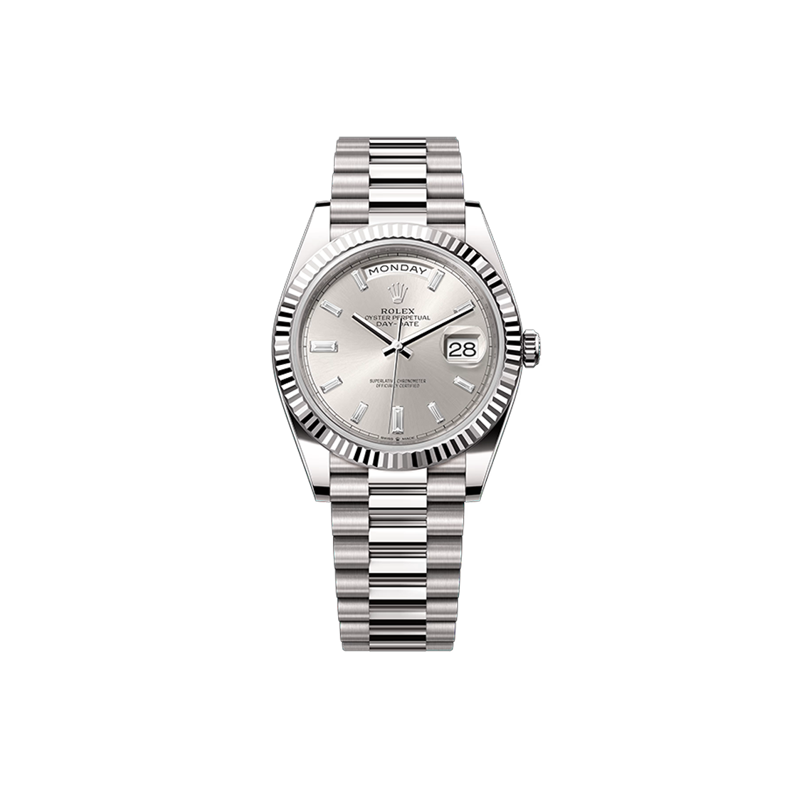 ITOAT7PBNPTA Rolex Day-Date 40 Silver Baguette Diamond President No. 8272