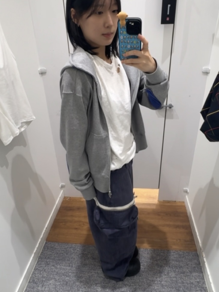 Karactor Writer Hooded Zip-Up Melange gray, Karactor Trapper Pouch Pants Violet 착용 스타일