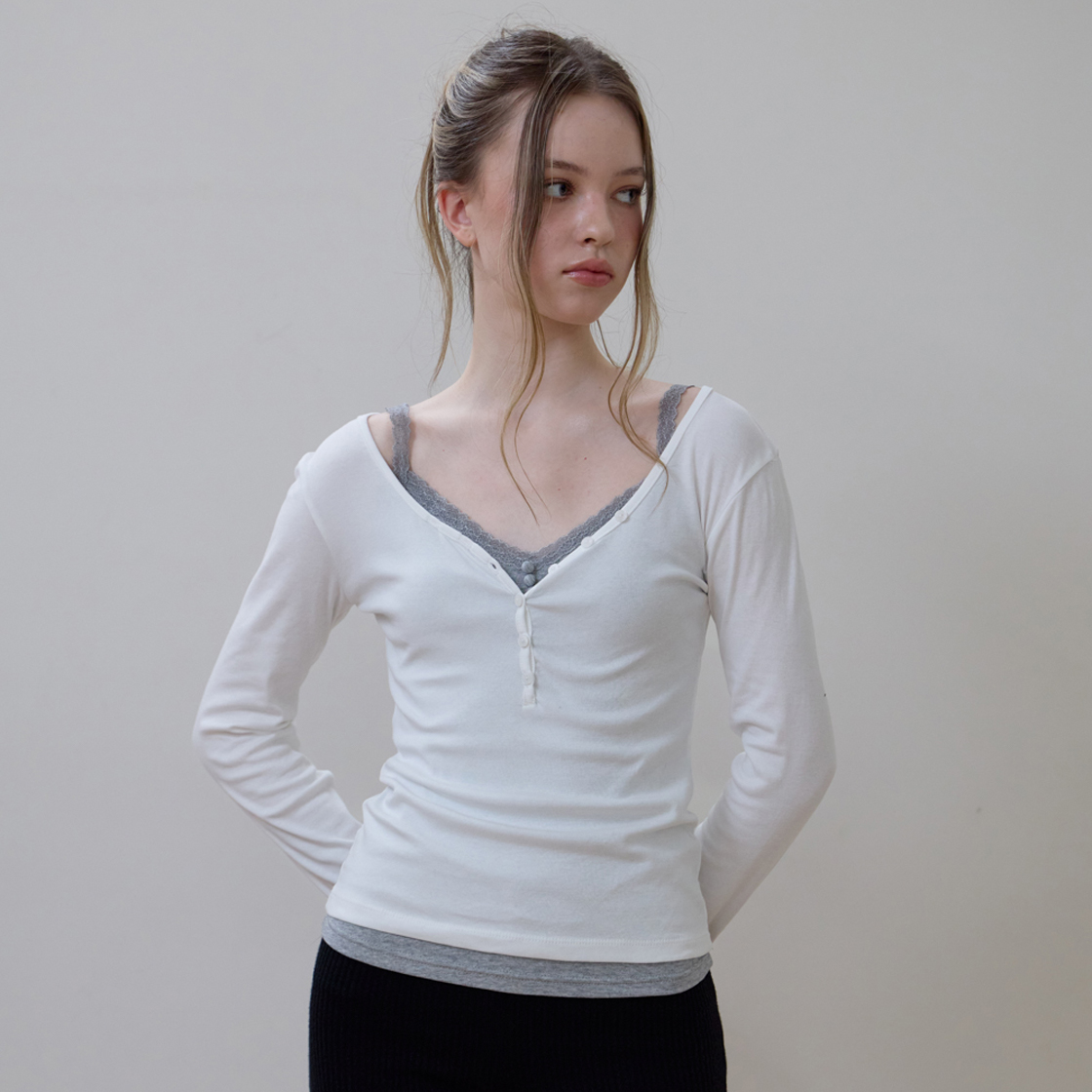 로제프란츠 베이직 브이넥 롱스리브 [아이보리](Rosefrantz Basic V-neck Long Sleeve [Ivory]) - 6