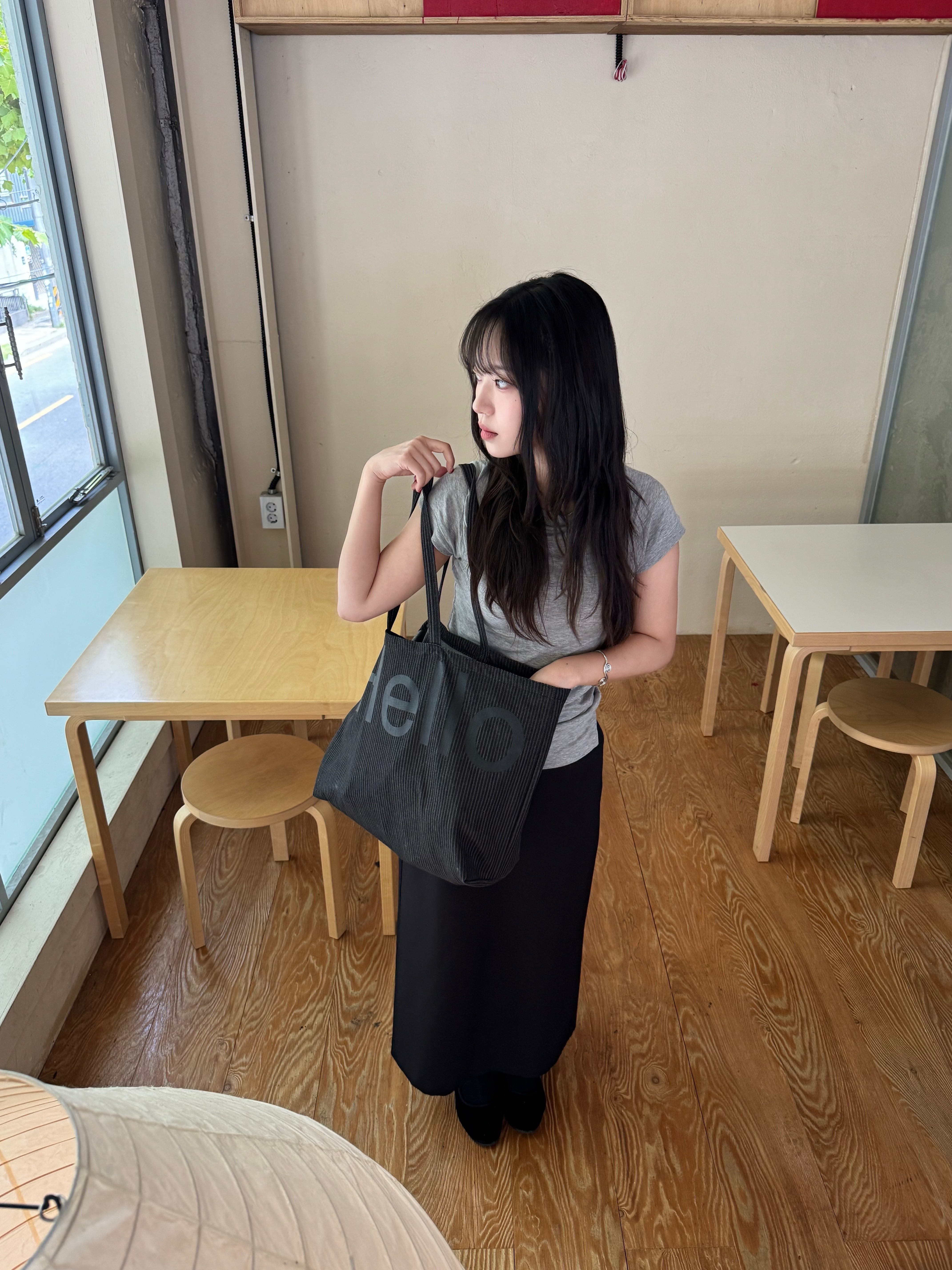 Hellodude Big Tote Bag Heavy Stripe Denim 착용 스타일 - 6