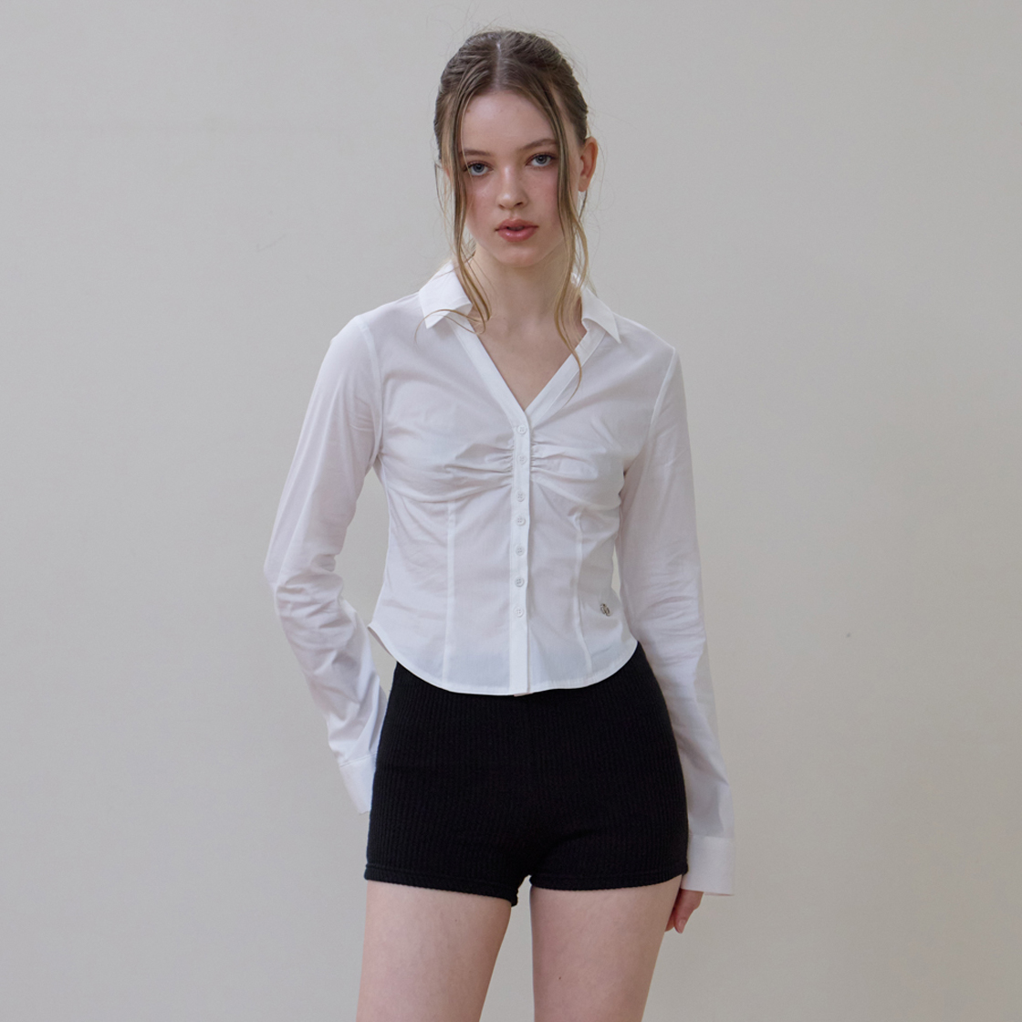 로제프란츠 셔링 프론트 슬림 셔츠 [아이보리](Rosefrantz Ruched Front Slim Shirt [Ivory]) - 3