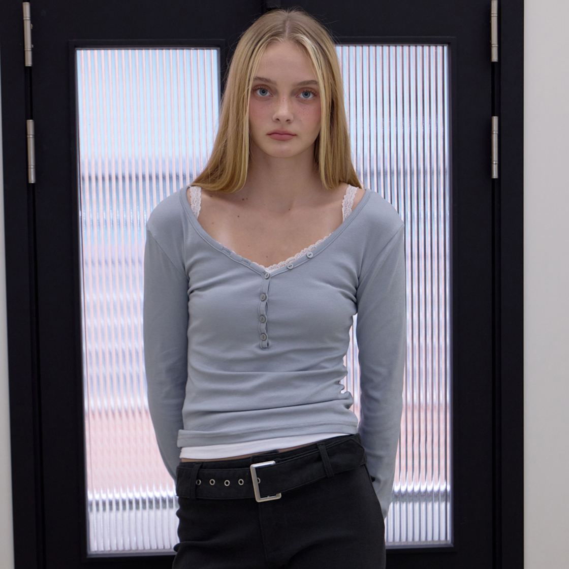 로제프란츠 베이직 브이넥 롱스리브 [블루](Rosefrantz Basic V-neck Long Sleeve [Blue]) - 4