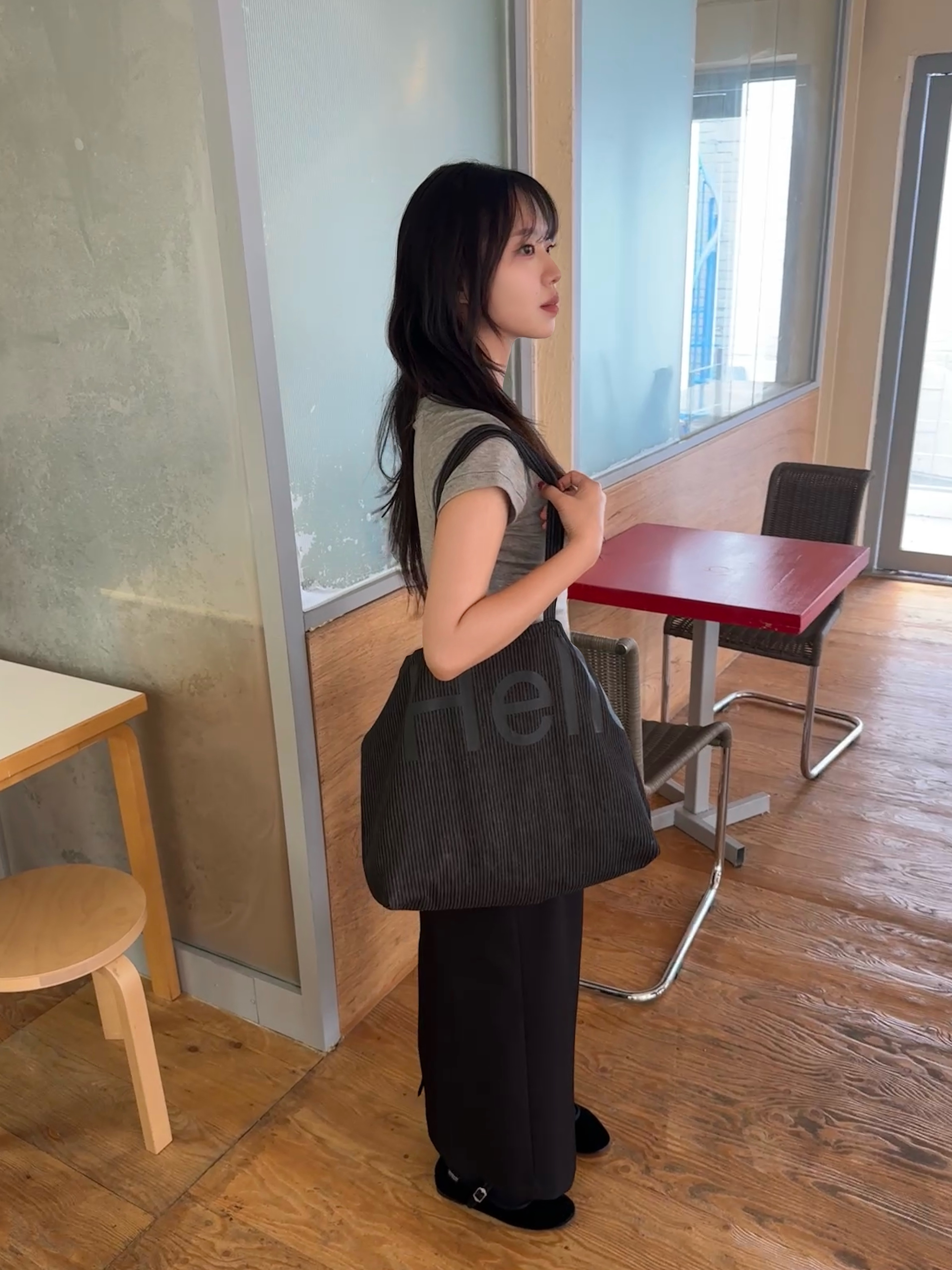 Hellodude Big Tote Bag Heavy Stripe Denim 착용 스타일 - 8