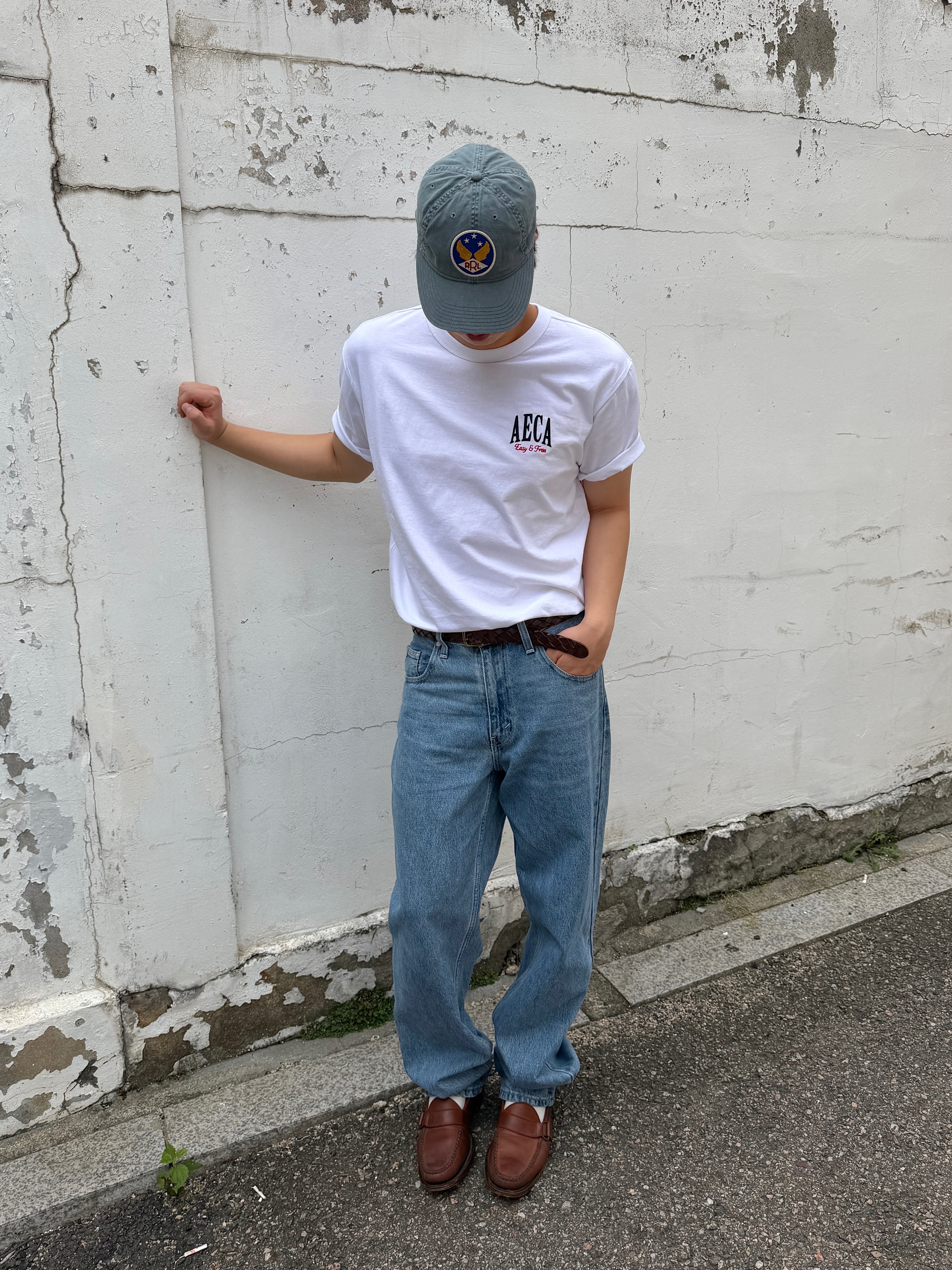 Double RL Garment Dyeing Twill Ball Cap Blue 착용 스타일 - 2