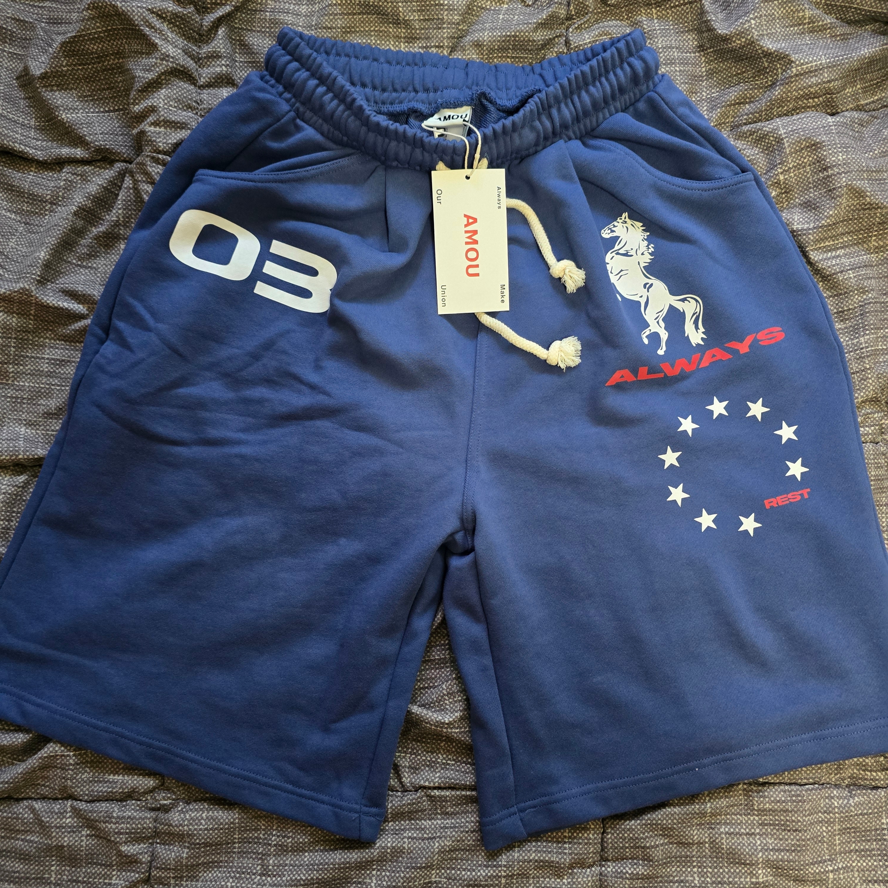AMOU Horse One Tuck Bermuda Pants Blue 착용 스타일