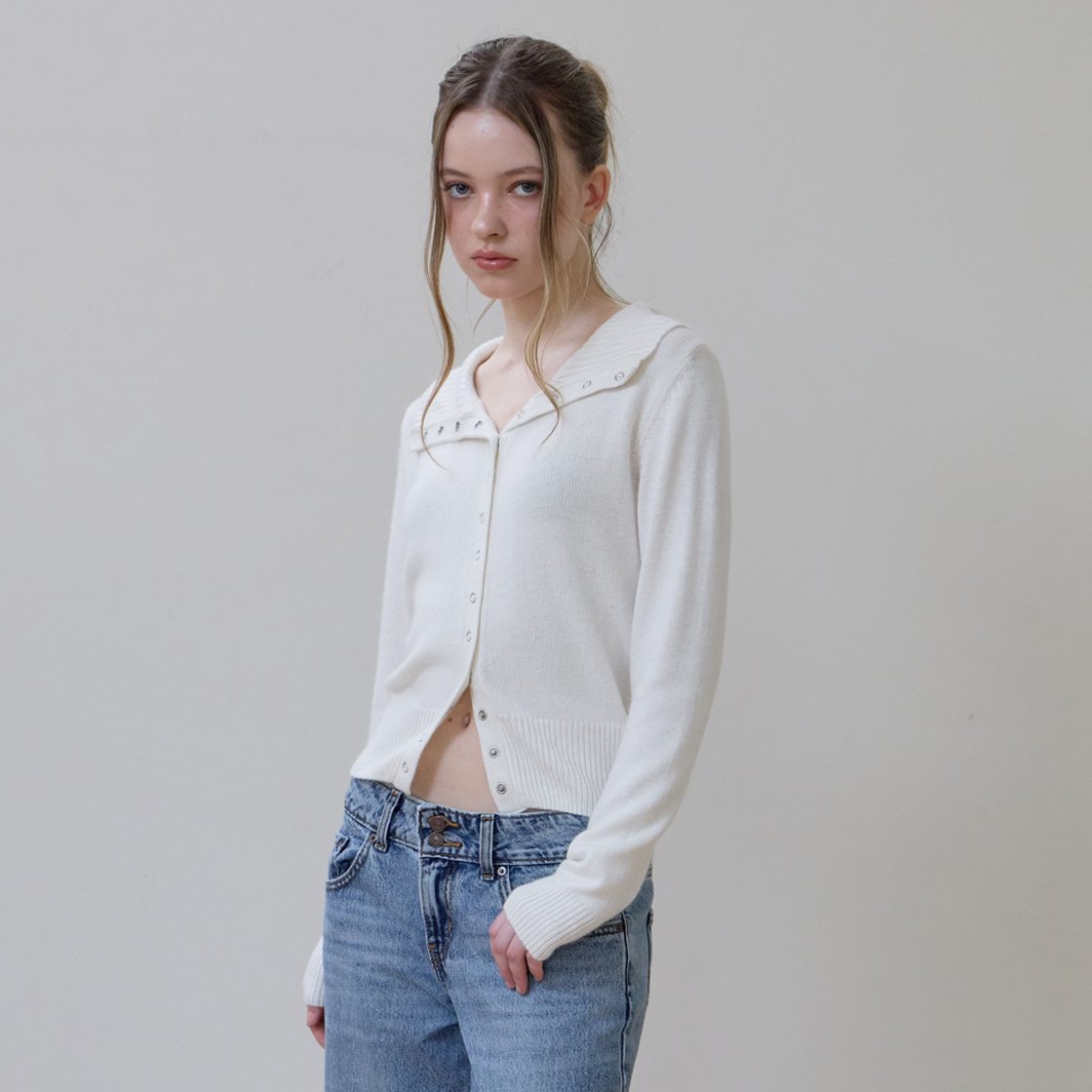 로제프란츠 하이넥 아일렛 가디건 [아이보리](Rosefrantz High Neck Eyelet Cardigan [Ivory]) - 5