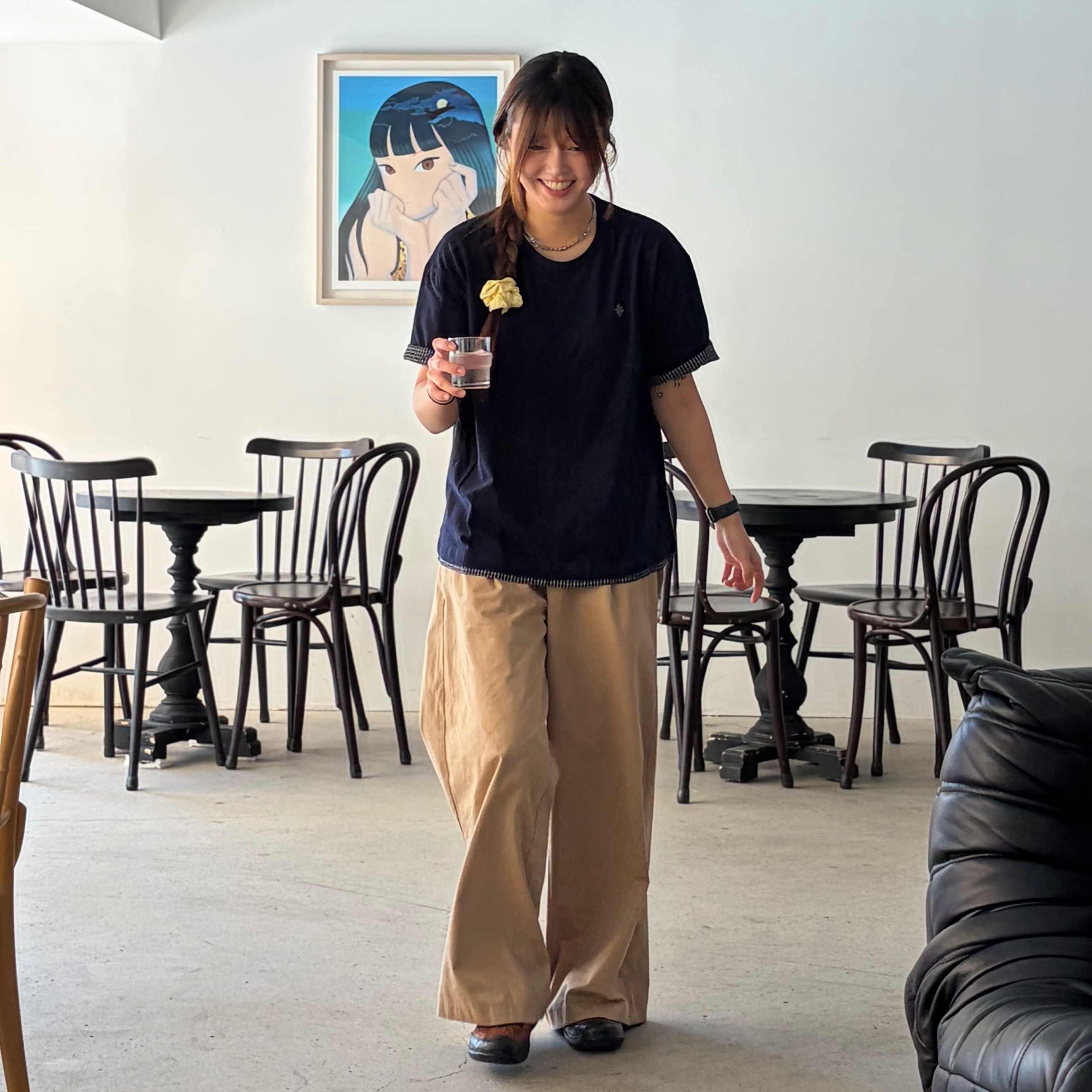 SLOW RECORD HOUSE Layered Check Roll-Up T-Shirt Navy 착용 스타일 - 4