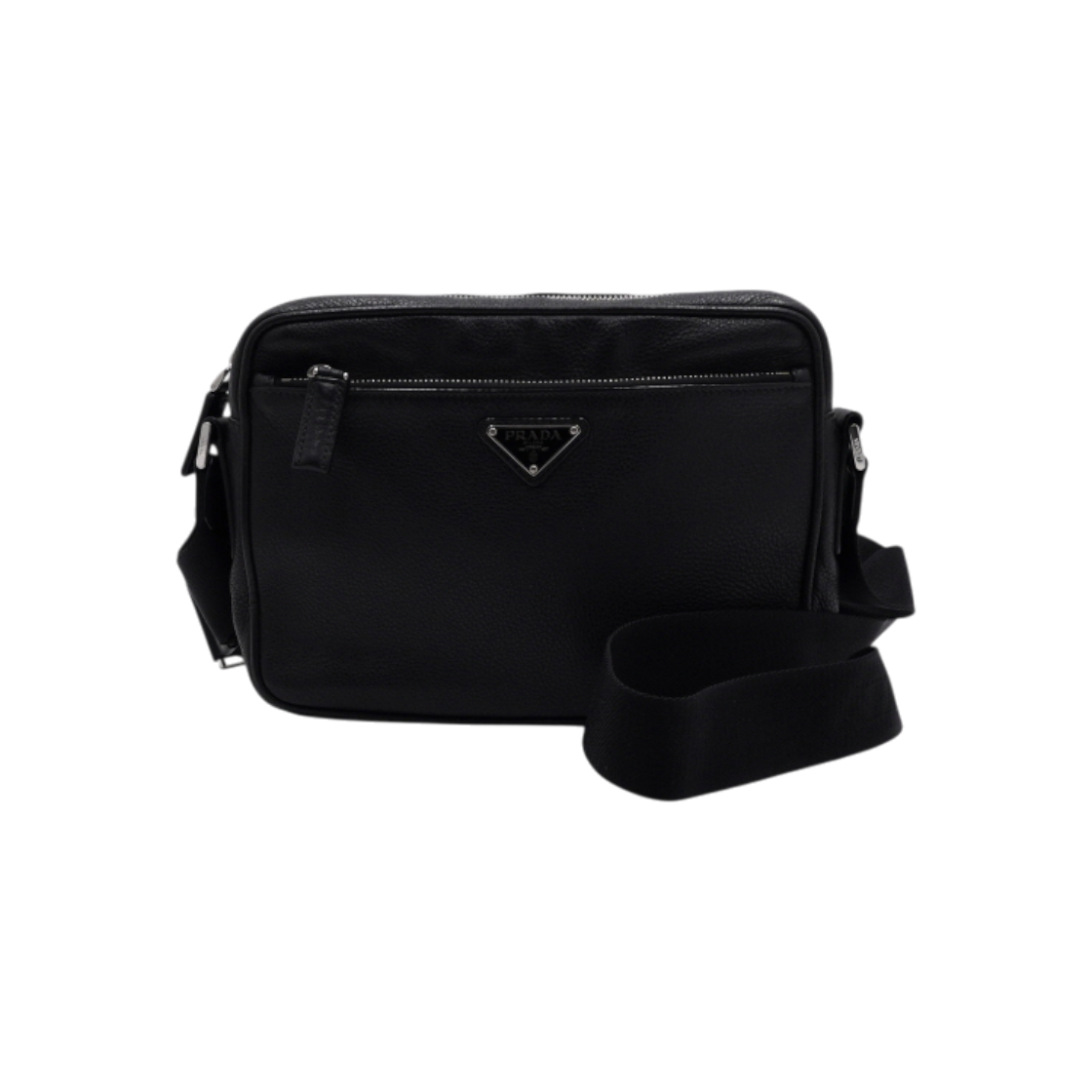ITPENUVAOCHD Prada Black Vitello Leather Silver Triangle Logo Messenger Bag