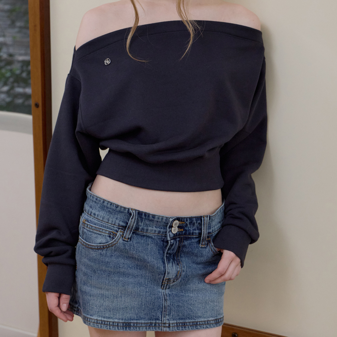 로제프란츠 크롭 오프숄더 스웨트셔츠 [차콜](Rosefrantz Crop Off Shoulder Sweatshirt [Charcoal]) - 6