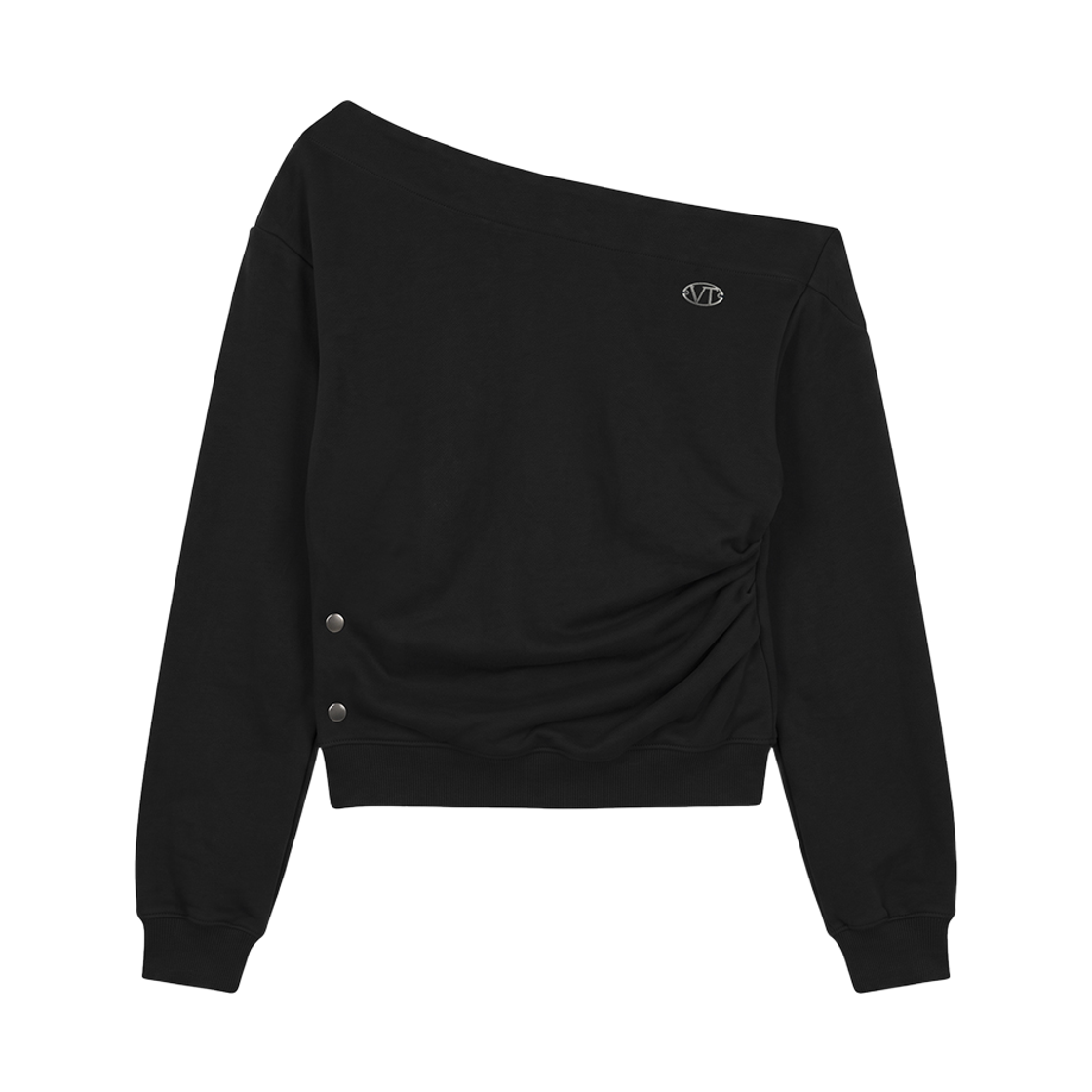 분트 원숄더 스냅 스웨트셔츠 블랙(VOONT One-Shoulder Snap Sweatshirt (BLACK)) - 1