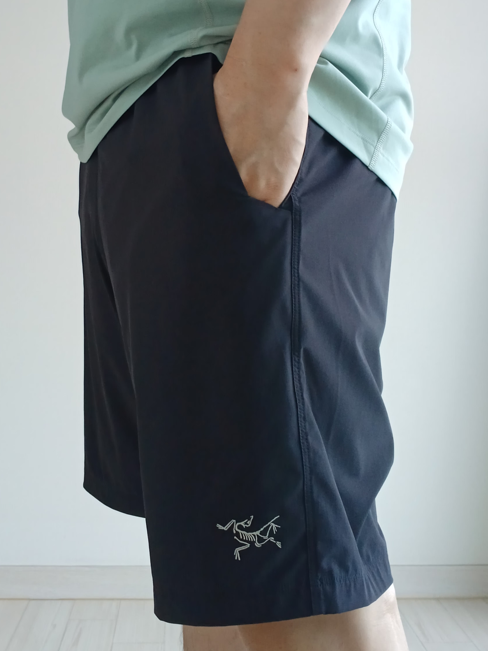 Arc'teryx Incendo Shorts 9 Inch Black, Arc'teryx Motus Arcword Crew SS T-Shirt Stone Green Heather 착용 스타일 - 5