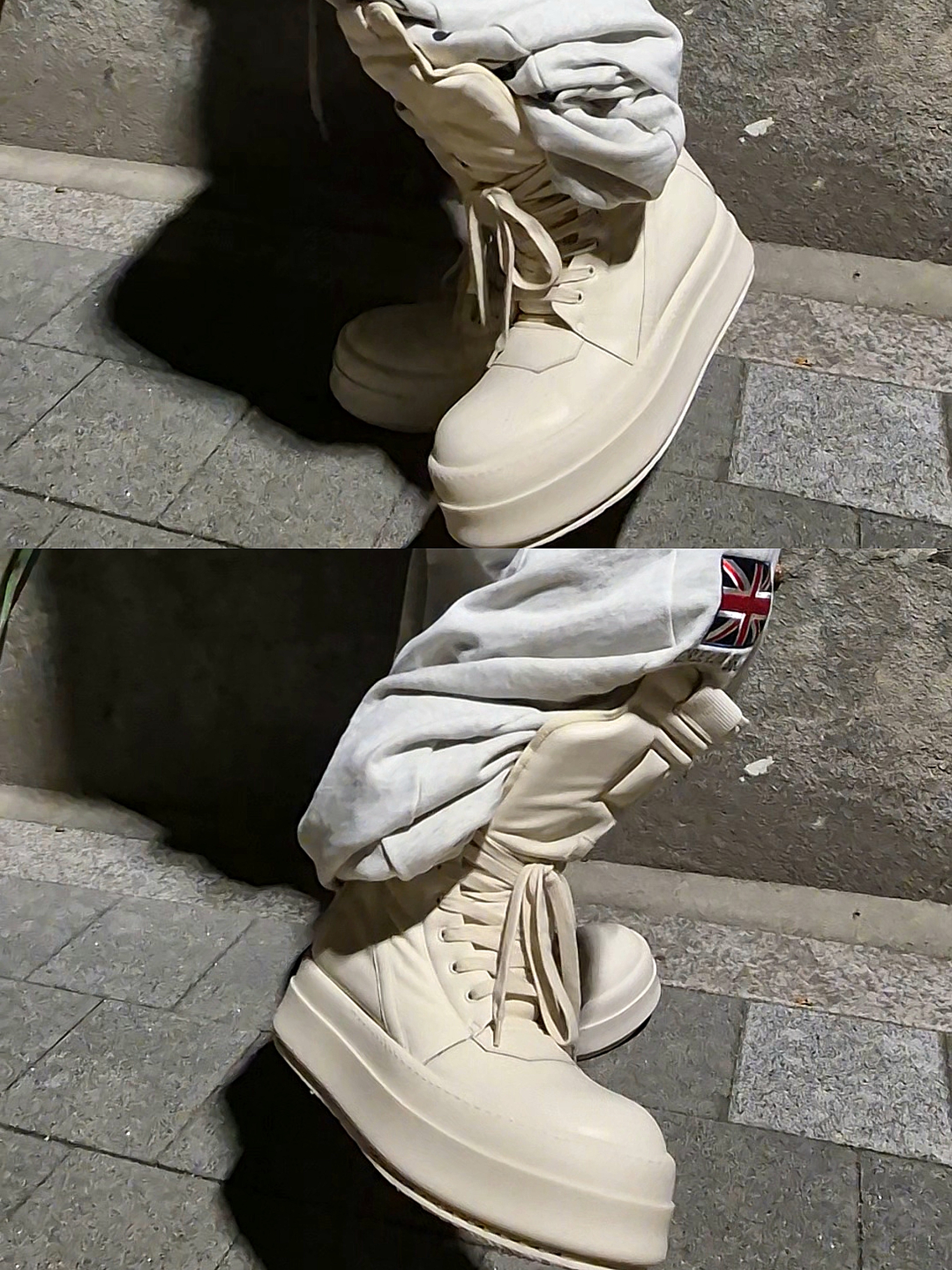 Rick Owens Hollywood Mega Bumper Geobasket in Full Grain Calf Leather Milk, Chrome Hearts Double Floral Cross Ring Silver 착용 스타일 - 3
