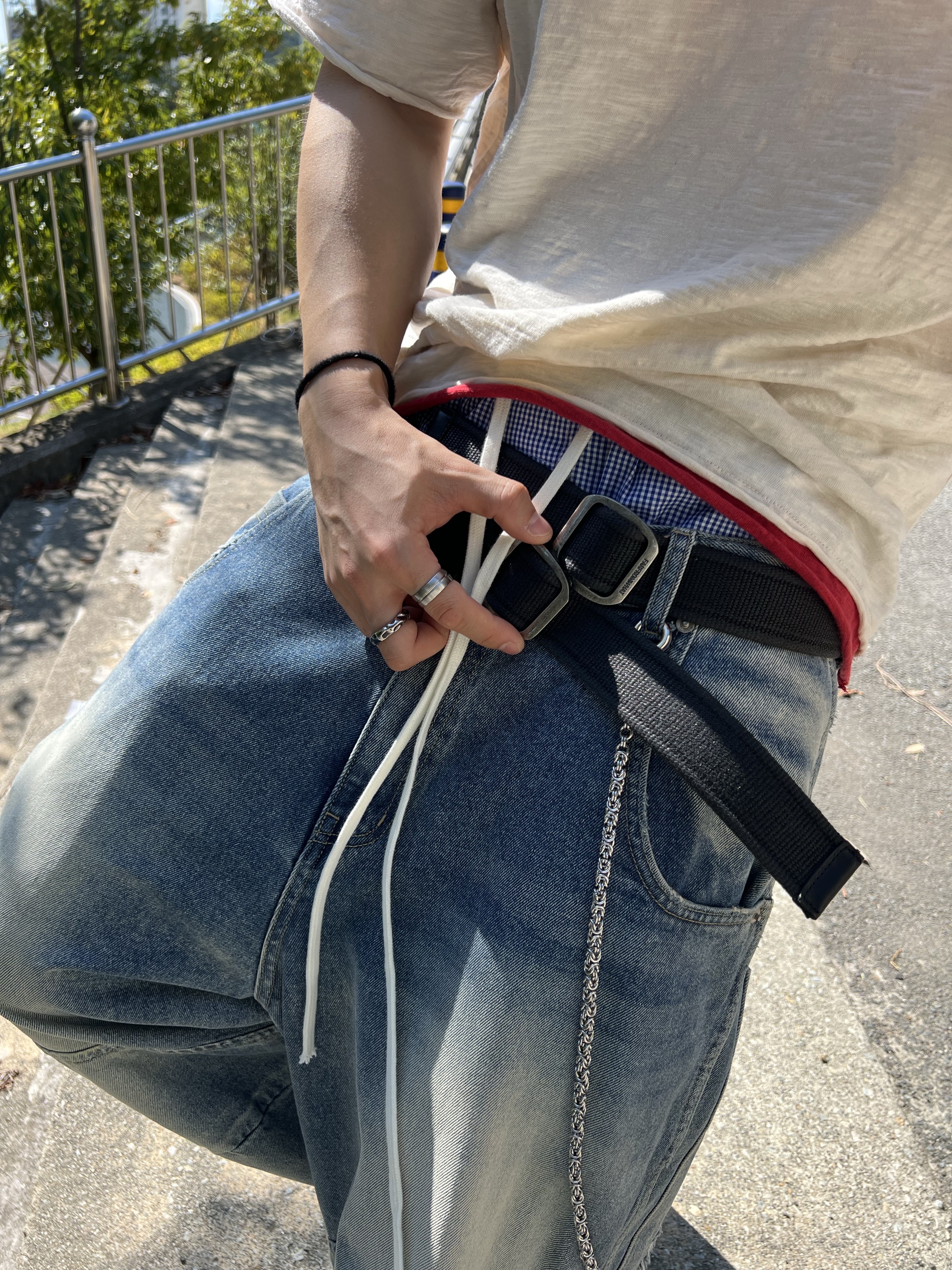 MJD x Koin Seoul Sagging Boxer Shorts Blue, MJD 3D Knee Denim Pants Blue 착용 스타일 - 3