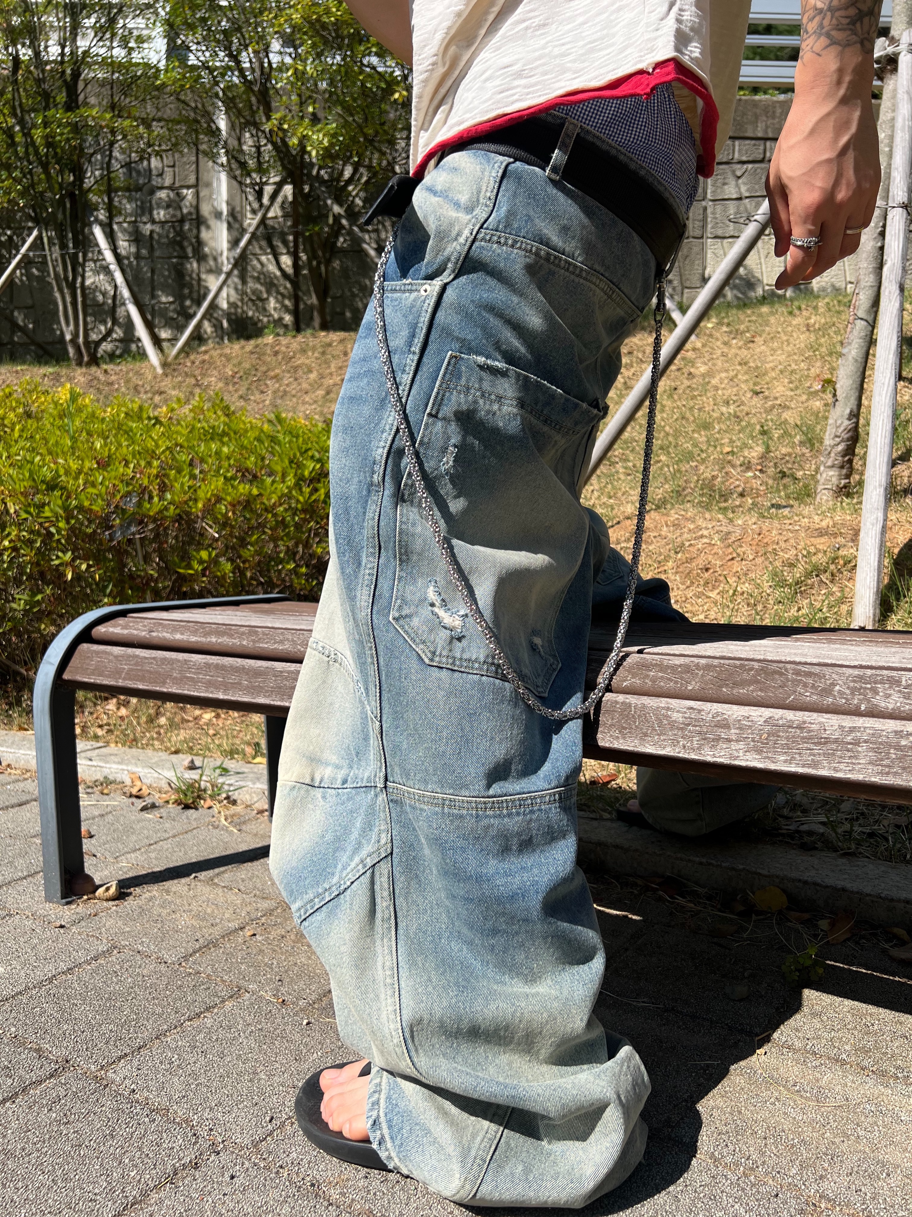 MJD x Koin Seoul Sagging Boxer Shorts Blue, MJD 3D Knee Denim Pants Blue 착용 스타일 - 7