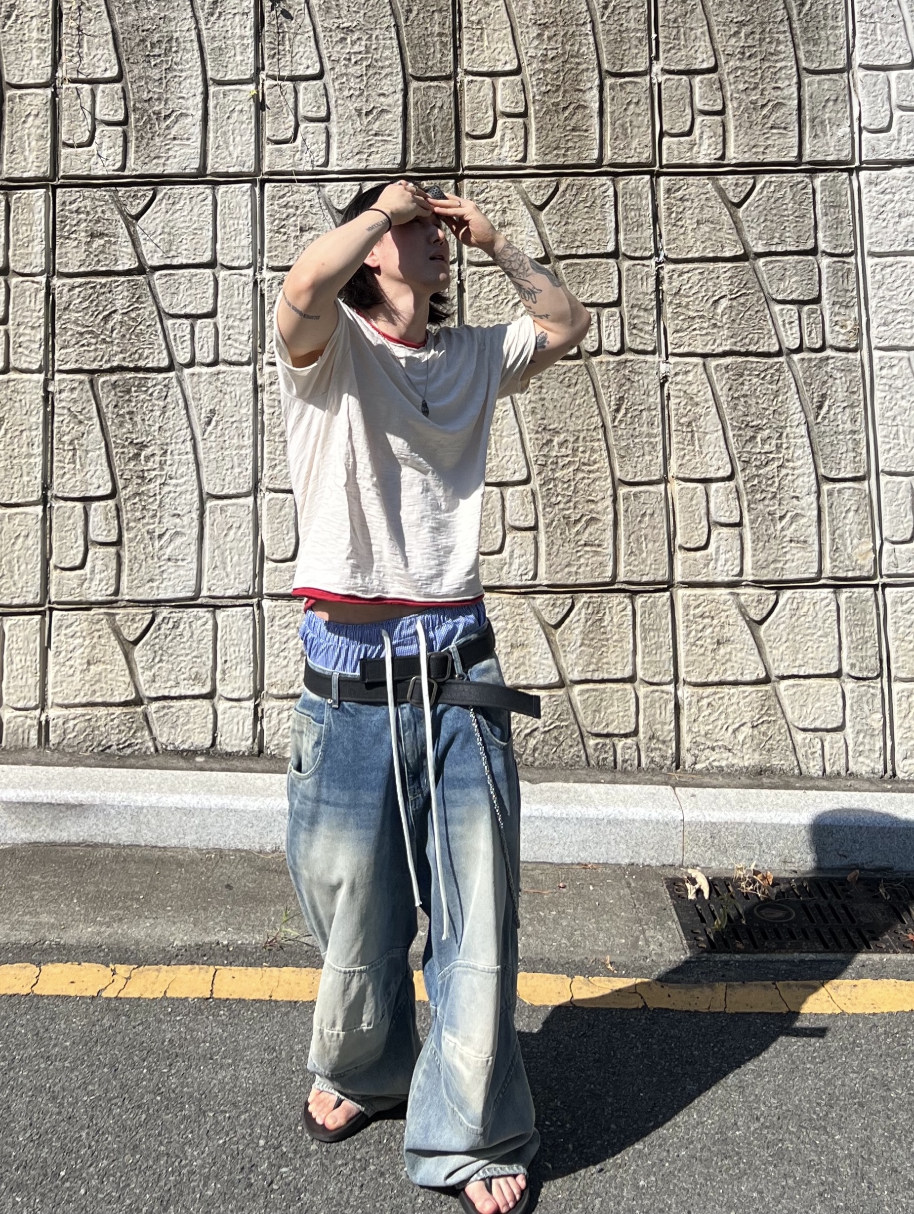 MJD x Koin Seoul Sagging Boxer Shorts Blue, MJD 3D Knee Denim Pants Blue 착용 스타일 - 6