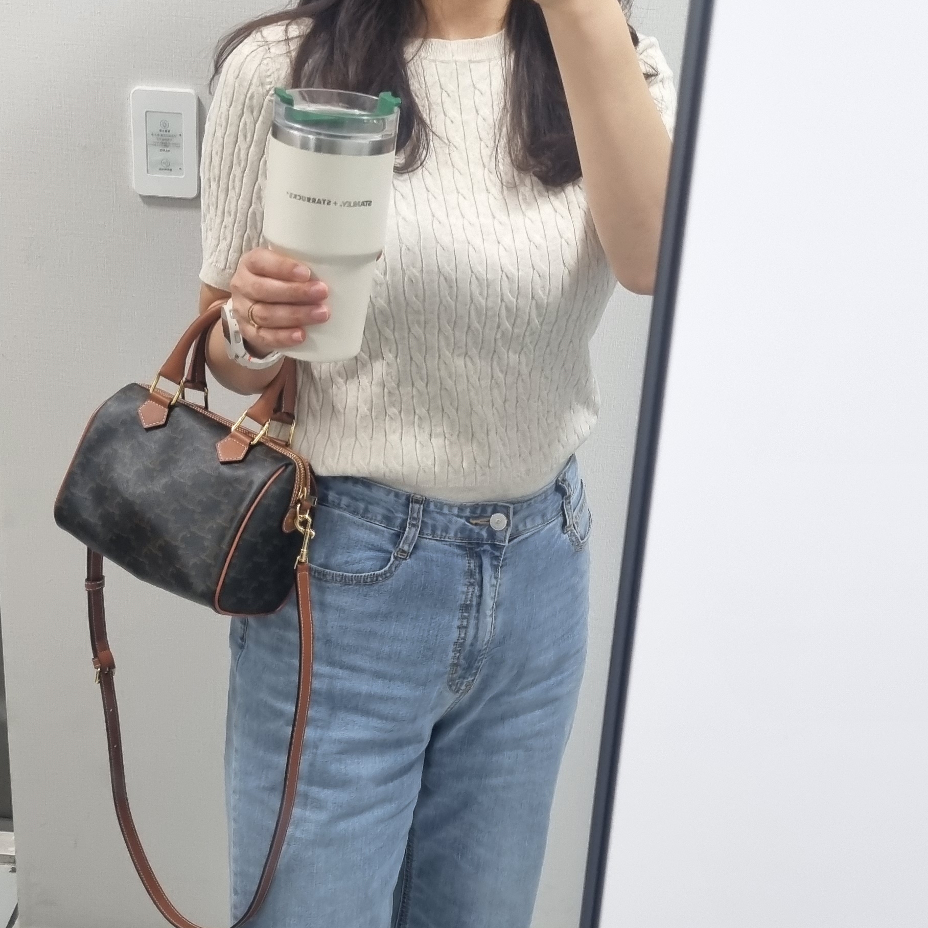 Celine Small Boston Cuir Triomphe in Triomphe Canvas Calfskin Tan 착용 스타일 - 1